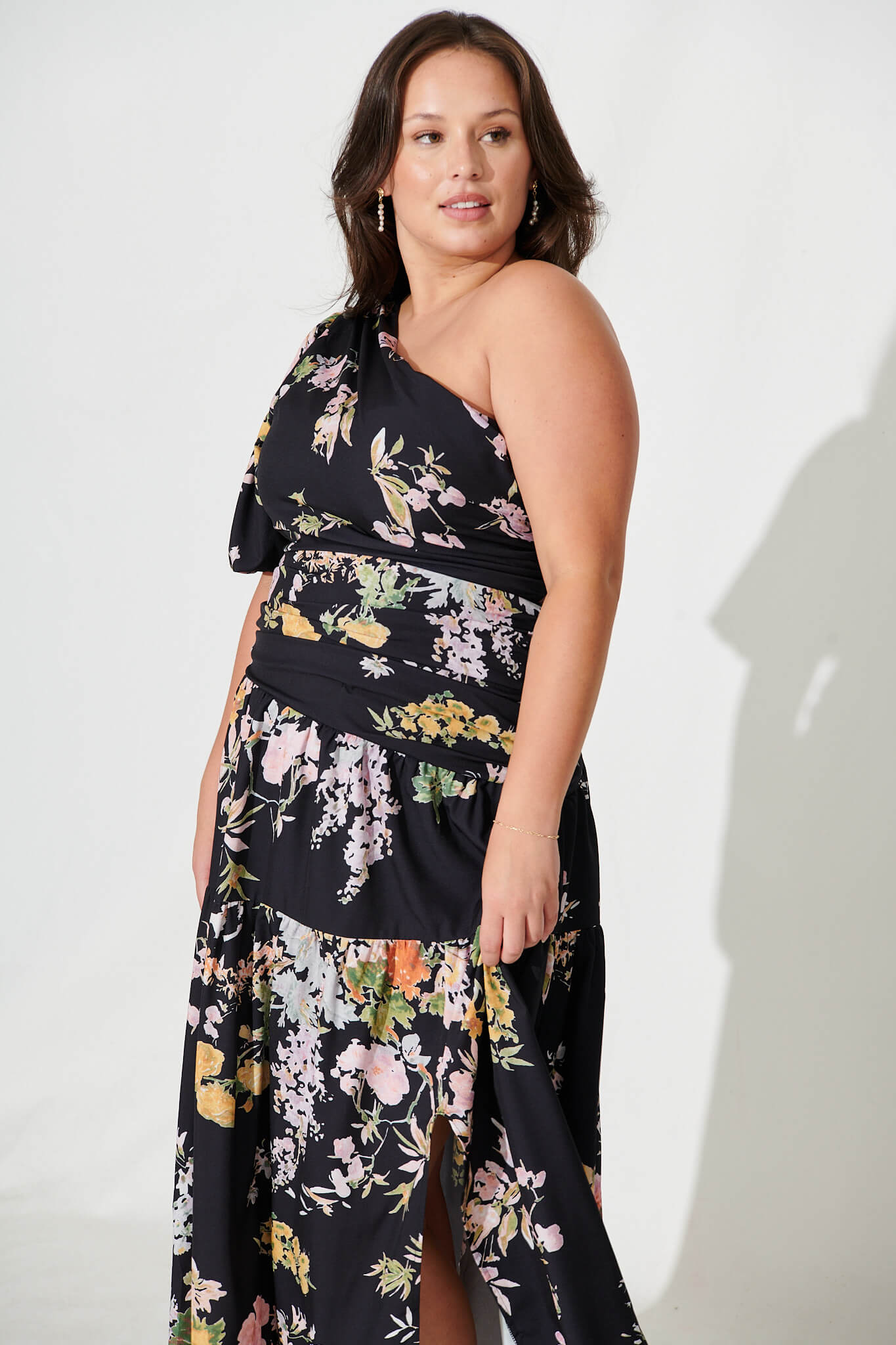 Berlyn One Shoulder Maxi Dress in Black With Pink Floral