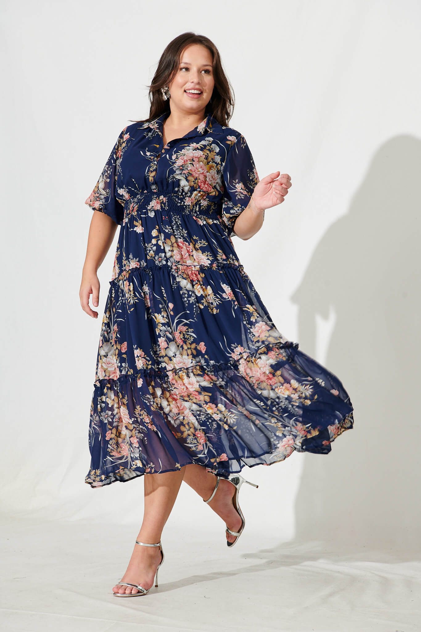 Brittney Midi Dress In Navy And Pink Floral Chiffon