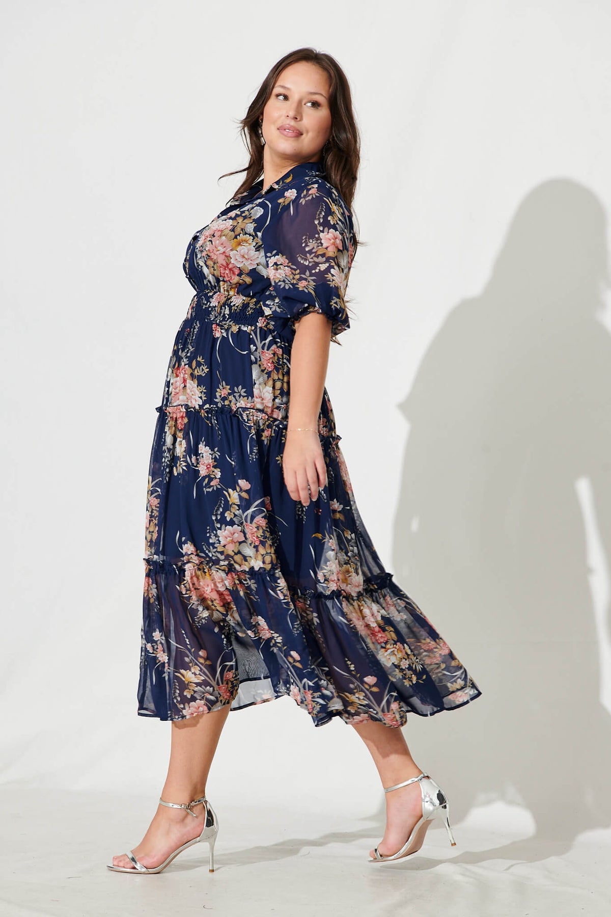 Brittney Midi Dress In Navy And Pink Floral Chiffon