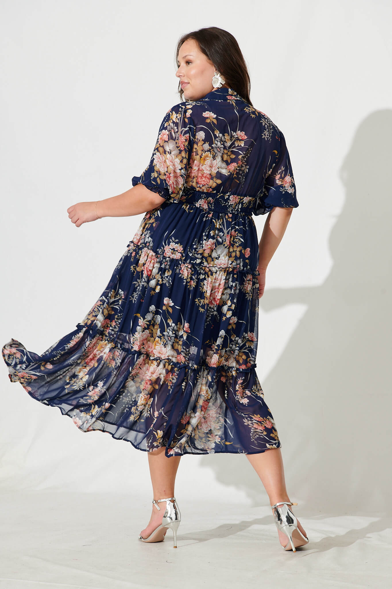 Brittney Midi Dress In Navy And Pink Floral Chiffon