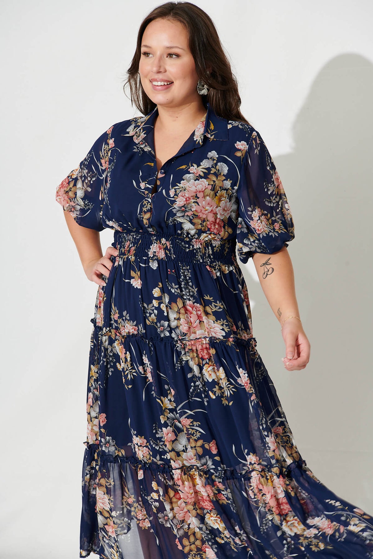 Brittney Midi Dress In Navy And Pink Floral Chiffon