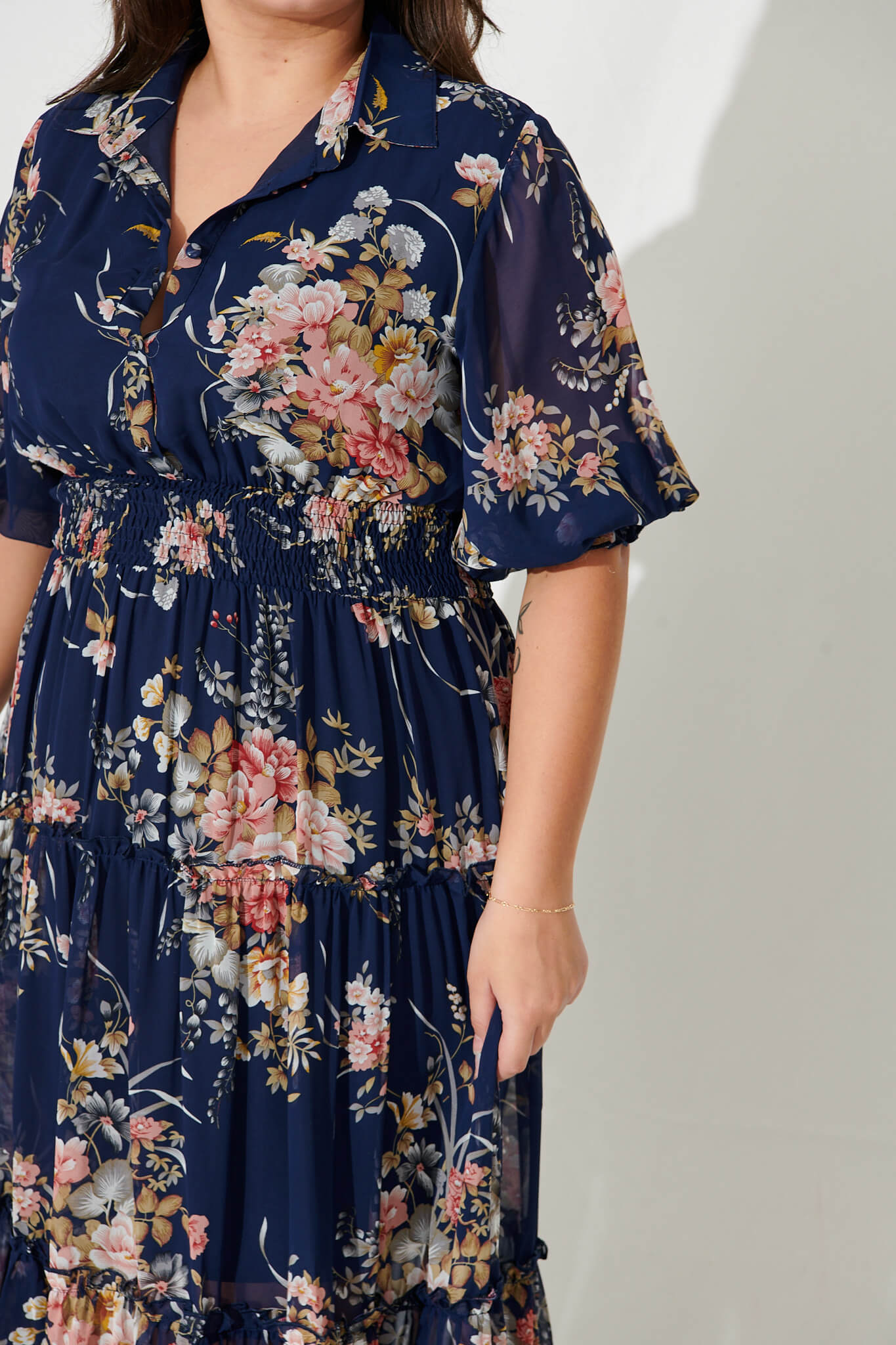 Brittney Midi Dress In Navy And Pink Floral Chiffon