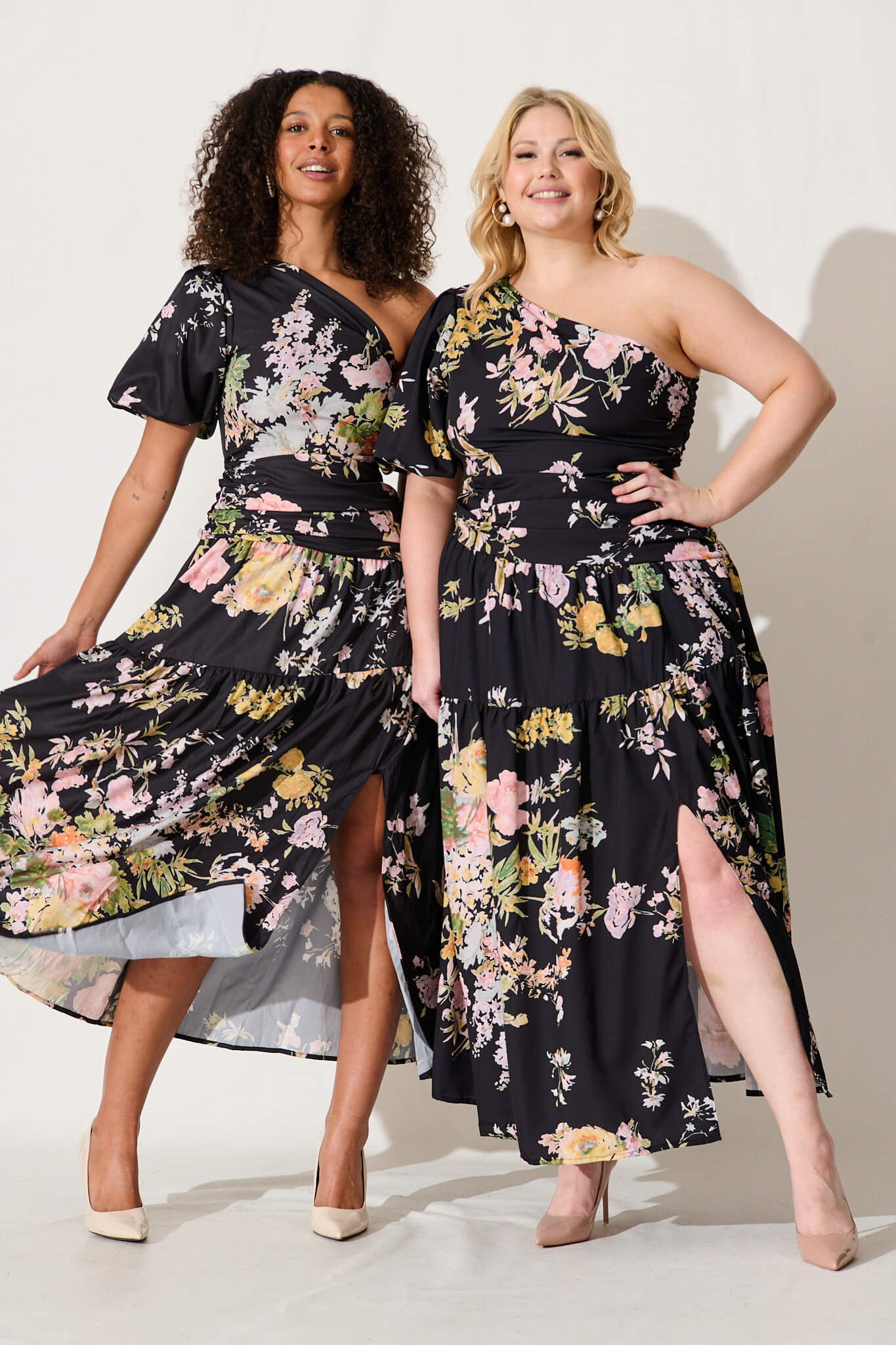 Berlyn One Shoulder Maxi Dress in Black With Pink Floral