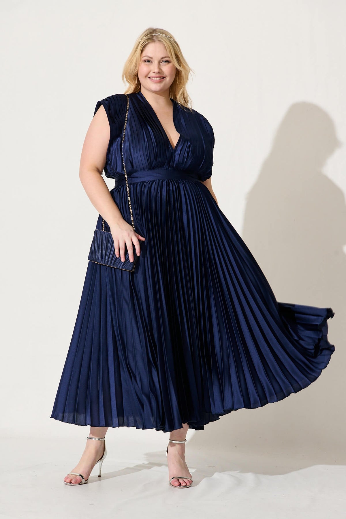 Anetta Midi Dress In Pleated Navy Satin