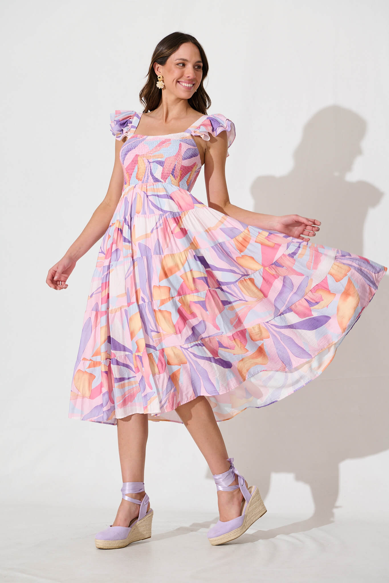Anastasia Midi Dress in Lilac and Multi Print