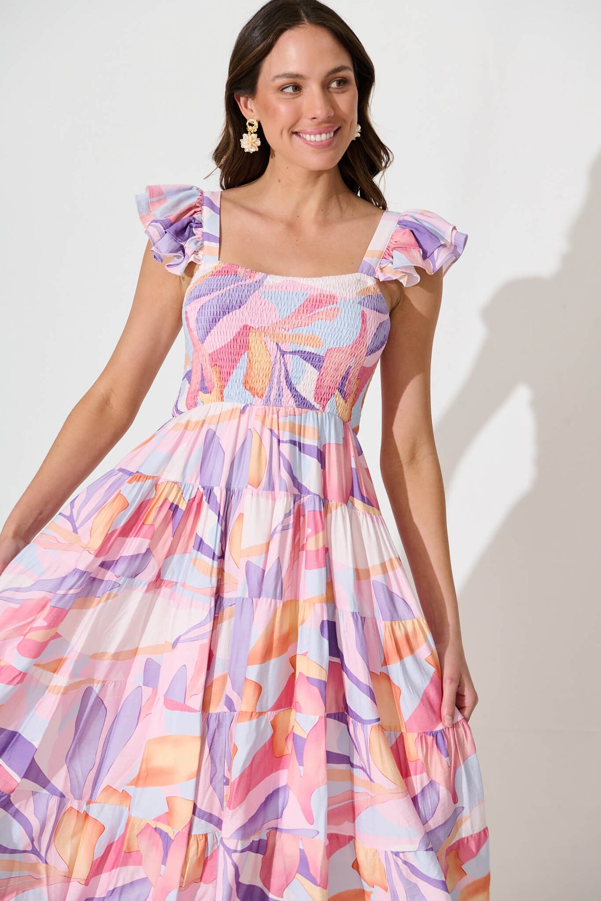 Anastasia Midi Dress in Lilac and Multi Print