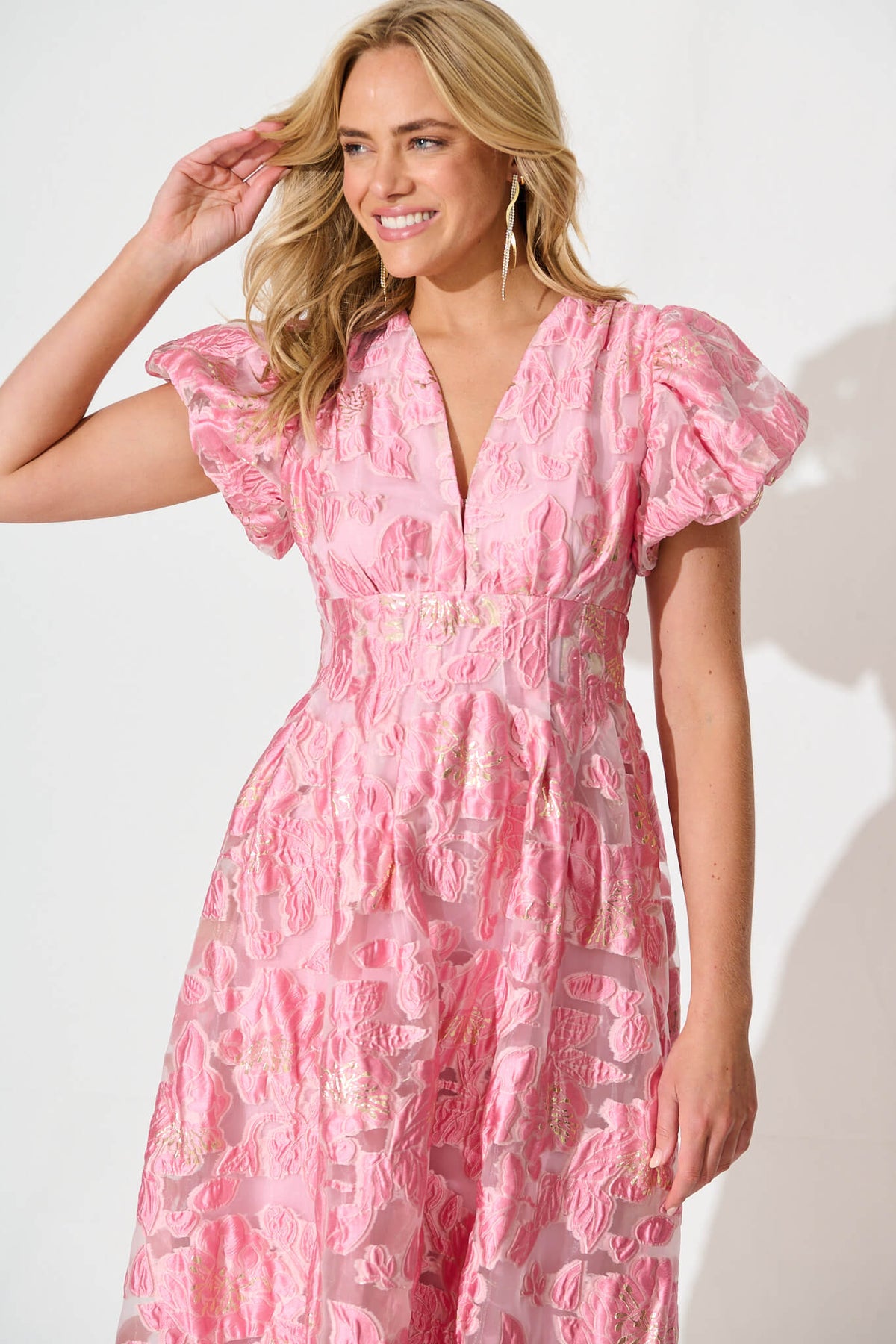Cherish Midi Dress in Pink Floral Organza Jacquard