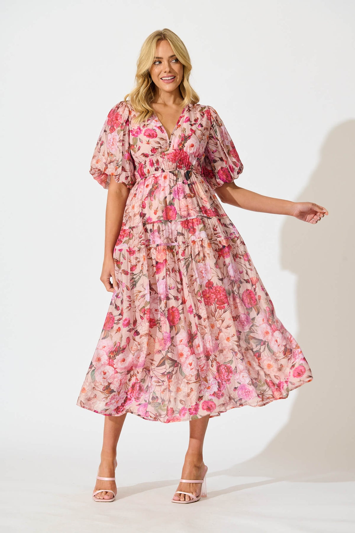 Amalie Midi Dress In Vintage Blush Floral Print