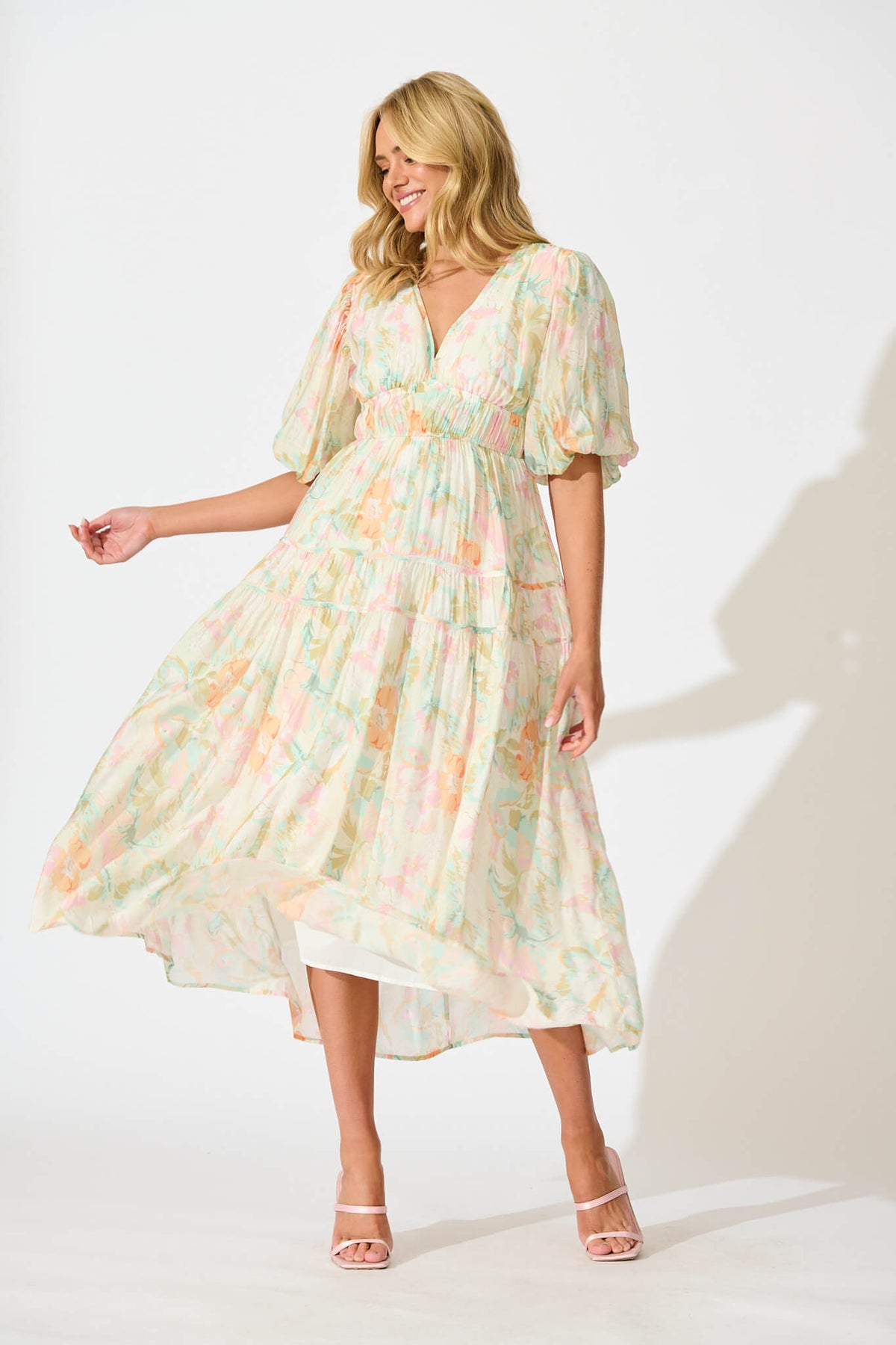Amalie Midi Dress In White with Pastel Multi Floral