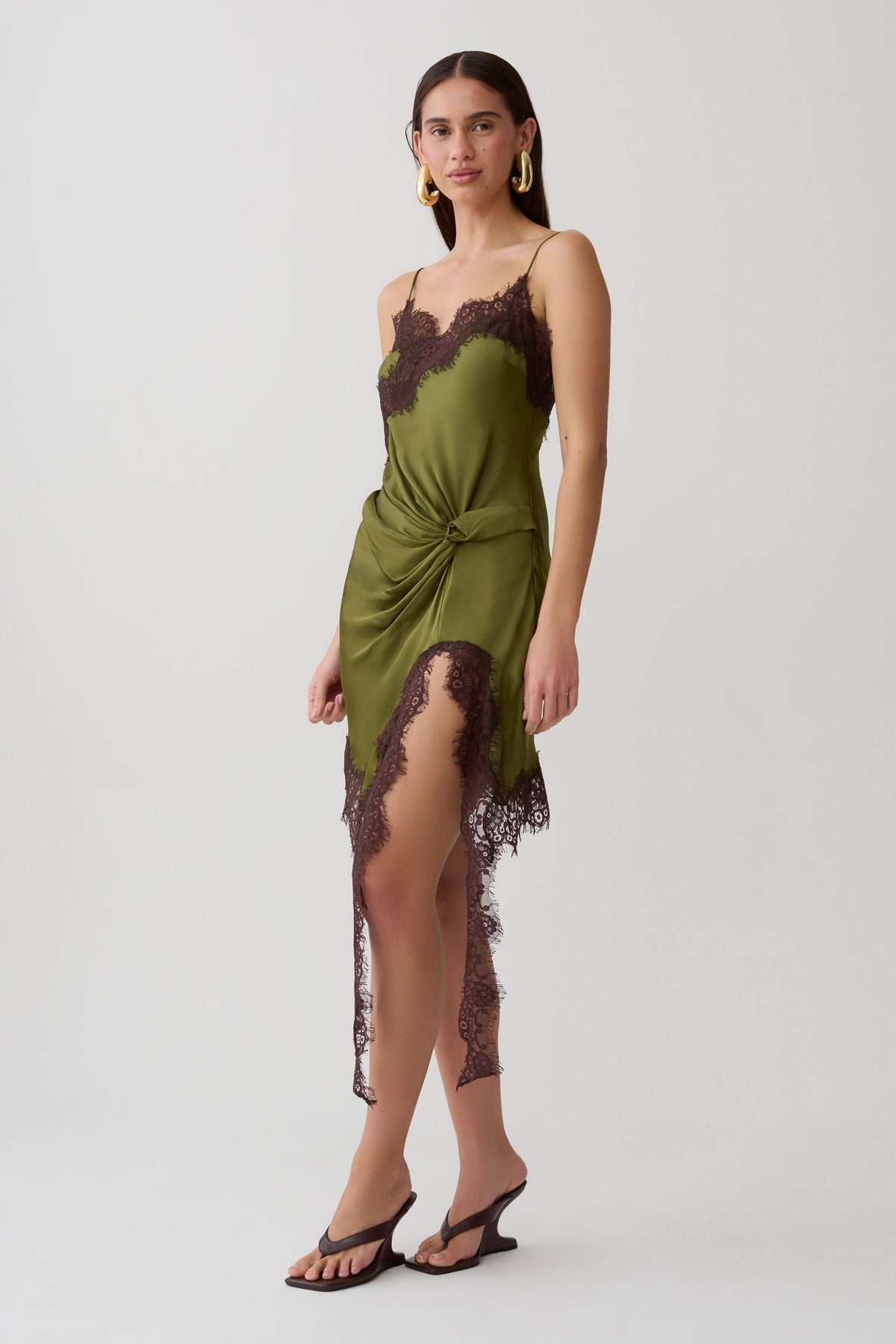 Amber Satin And Lace Mini Dress - Olive