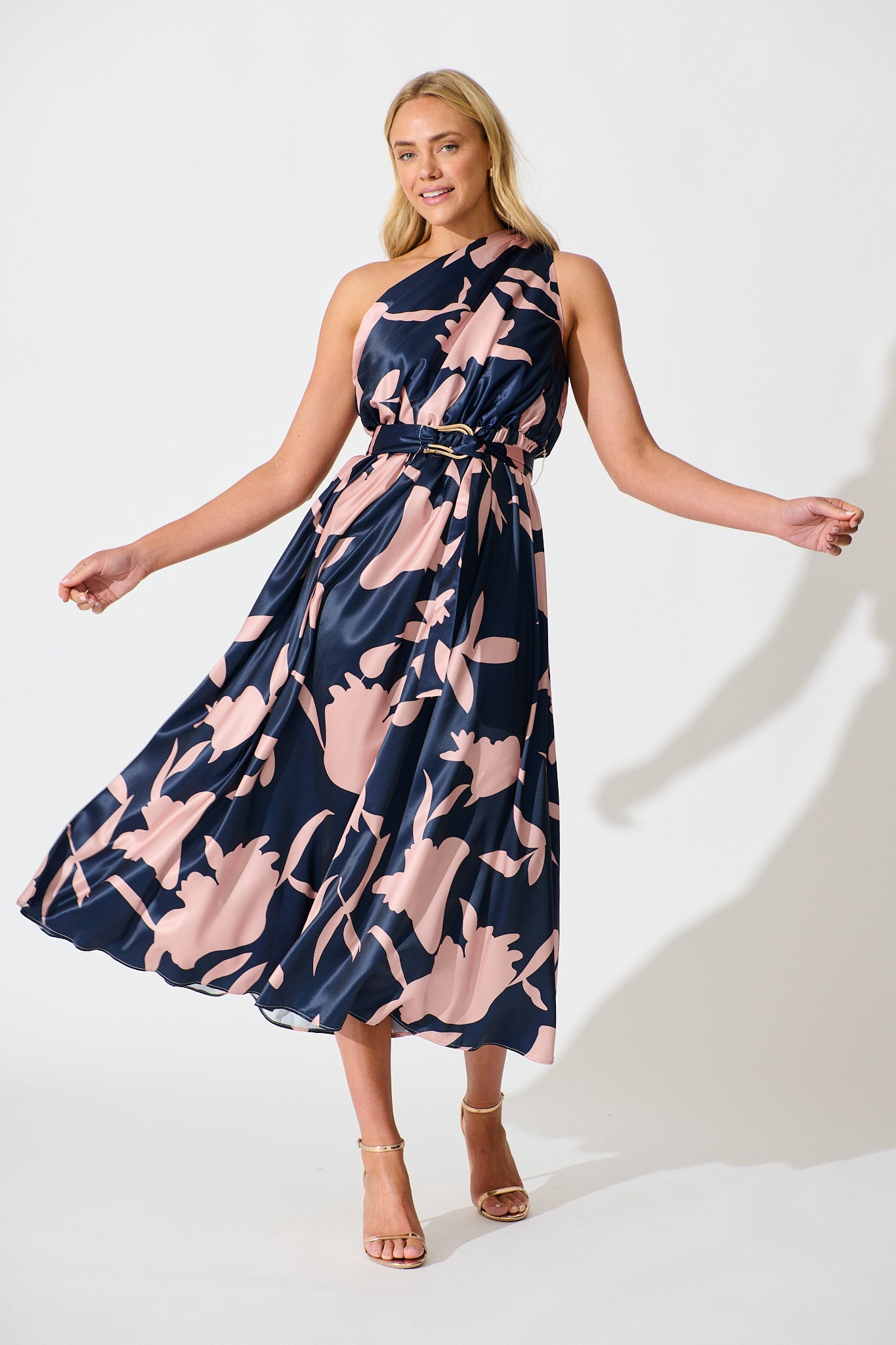 Bernadette One Shoulder Midi Dress in Navy with Mocha Satin