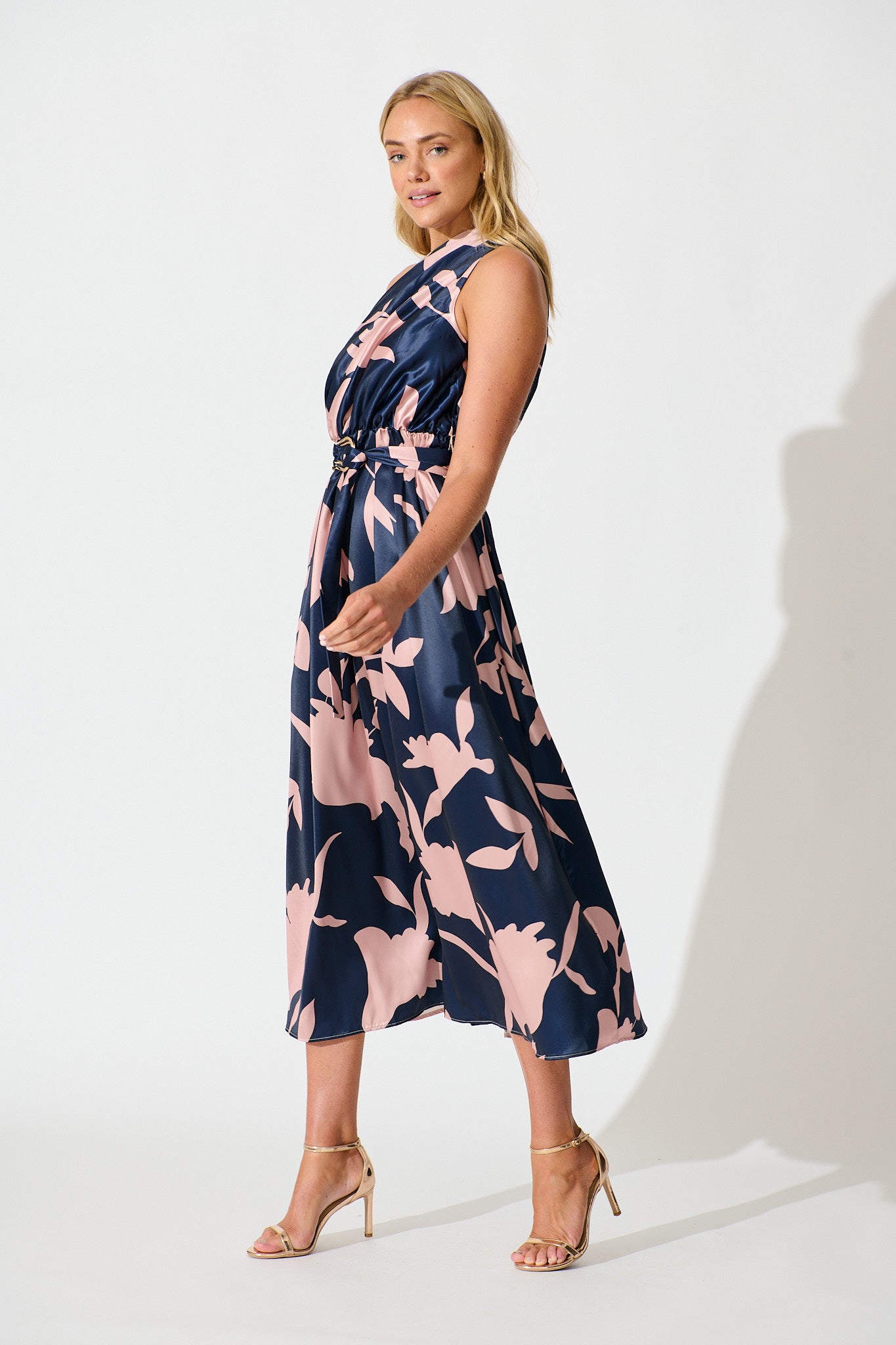 Bernadette One Shoulder Midi Dress in Navy with Mocha Satin