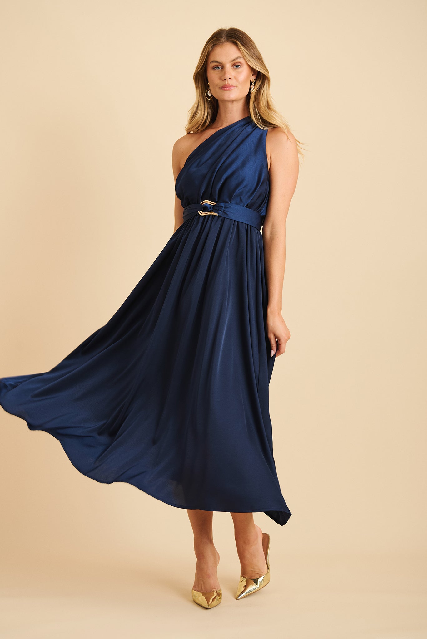 Bernadette One Shoulder Midi Dress In Navy Satin