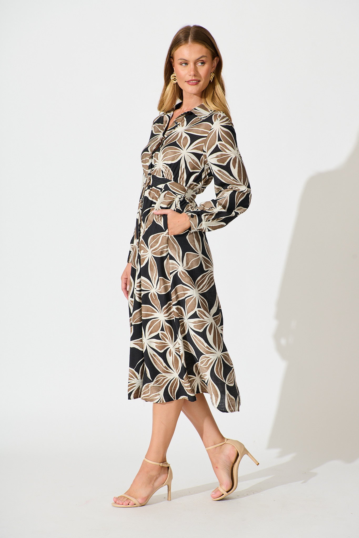 Brunswick Midi Shirt Dress in Black with Brown Leaf