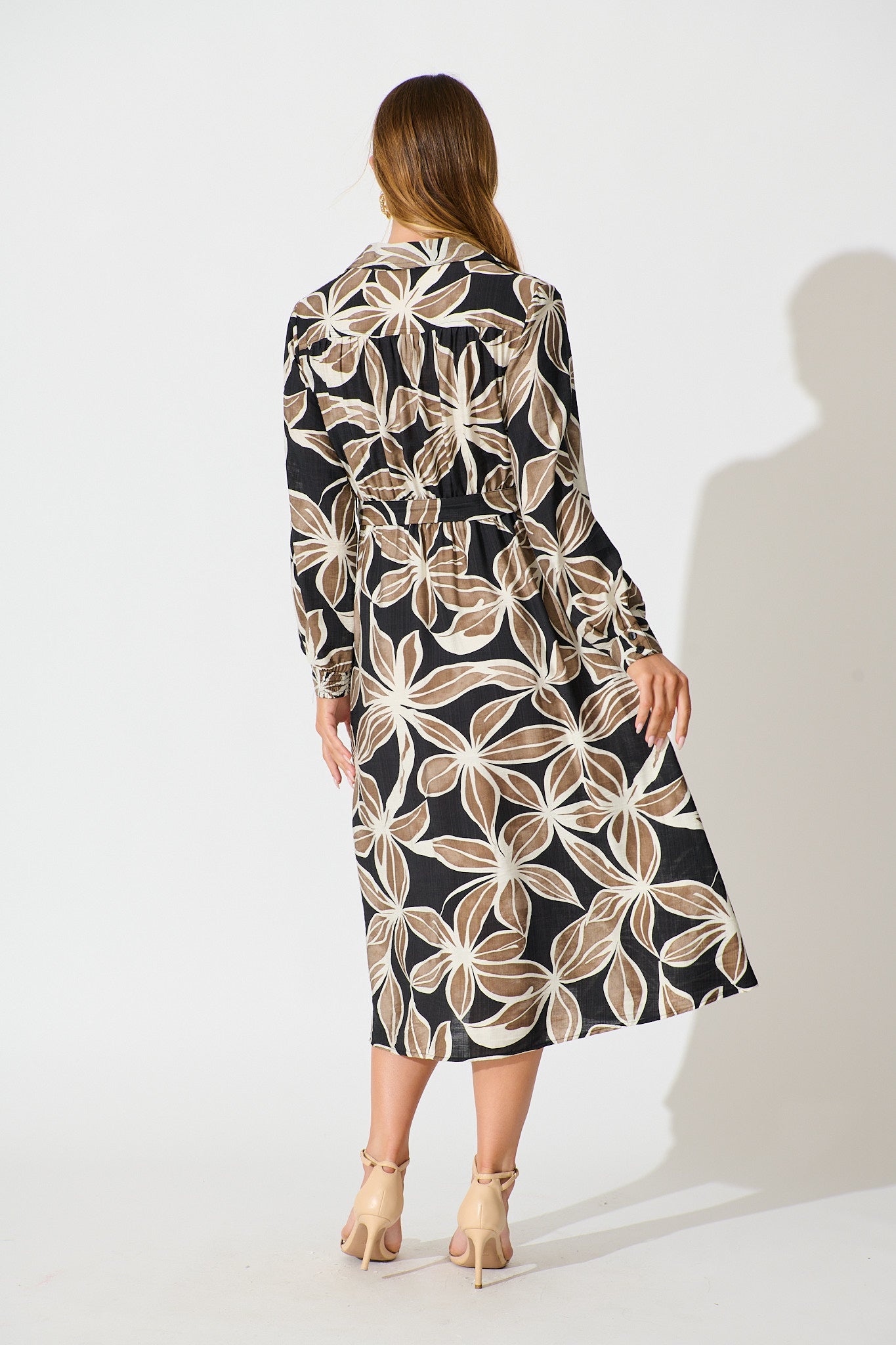 Brunswick Midi Shirt Dress in Black with Brown Leaf