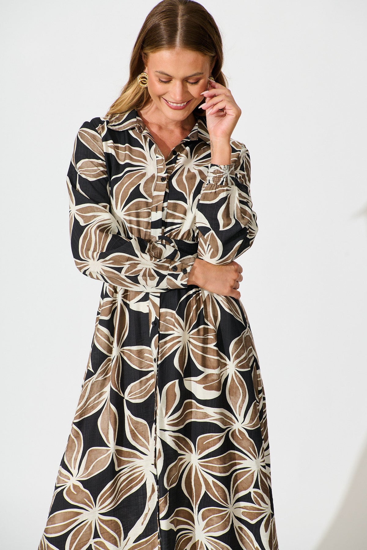 Brunswick Midi Shirt Dress in Black with Brown Leaf
