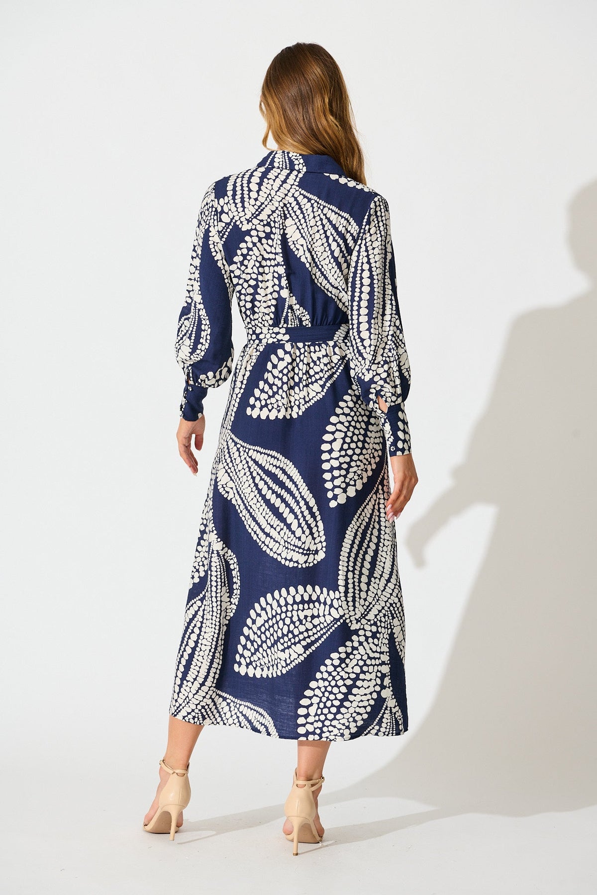 Clara Maxi Shirt Dress in Navy with White Print