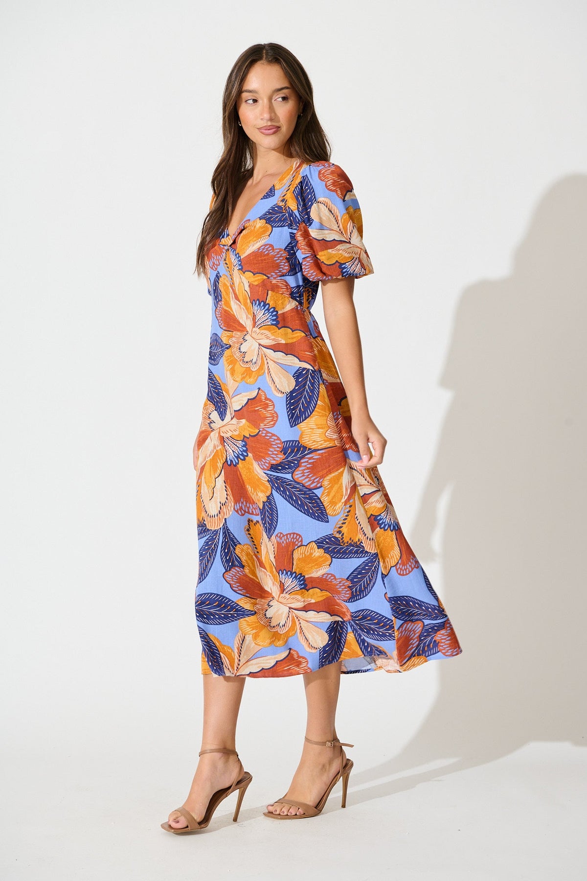 Calissa Midi Dress in Multi Print Linen Blend