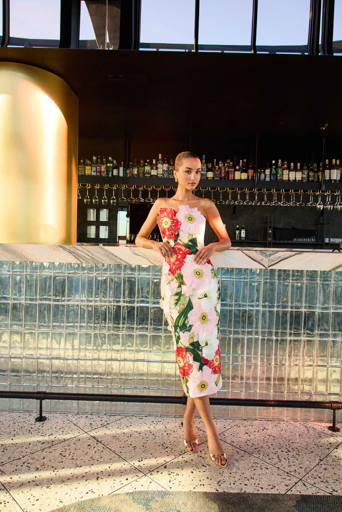 Solara Strapless Midi Dress in Pink Floral