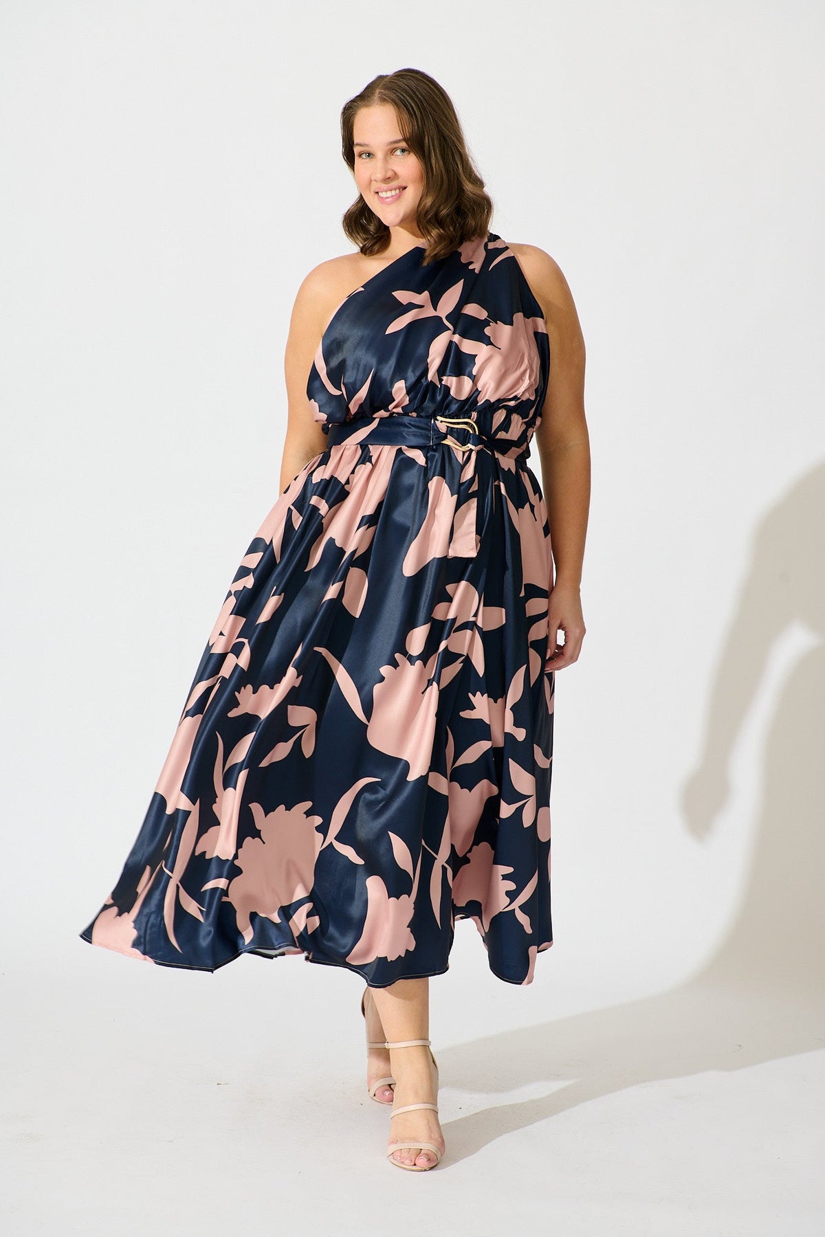 Bernadette One Shoulder Midi Dress in Navy with Mocha Satin