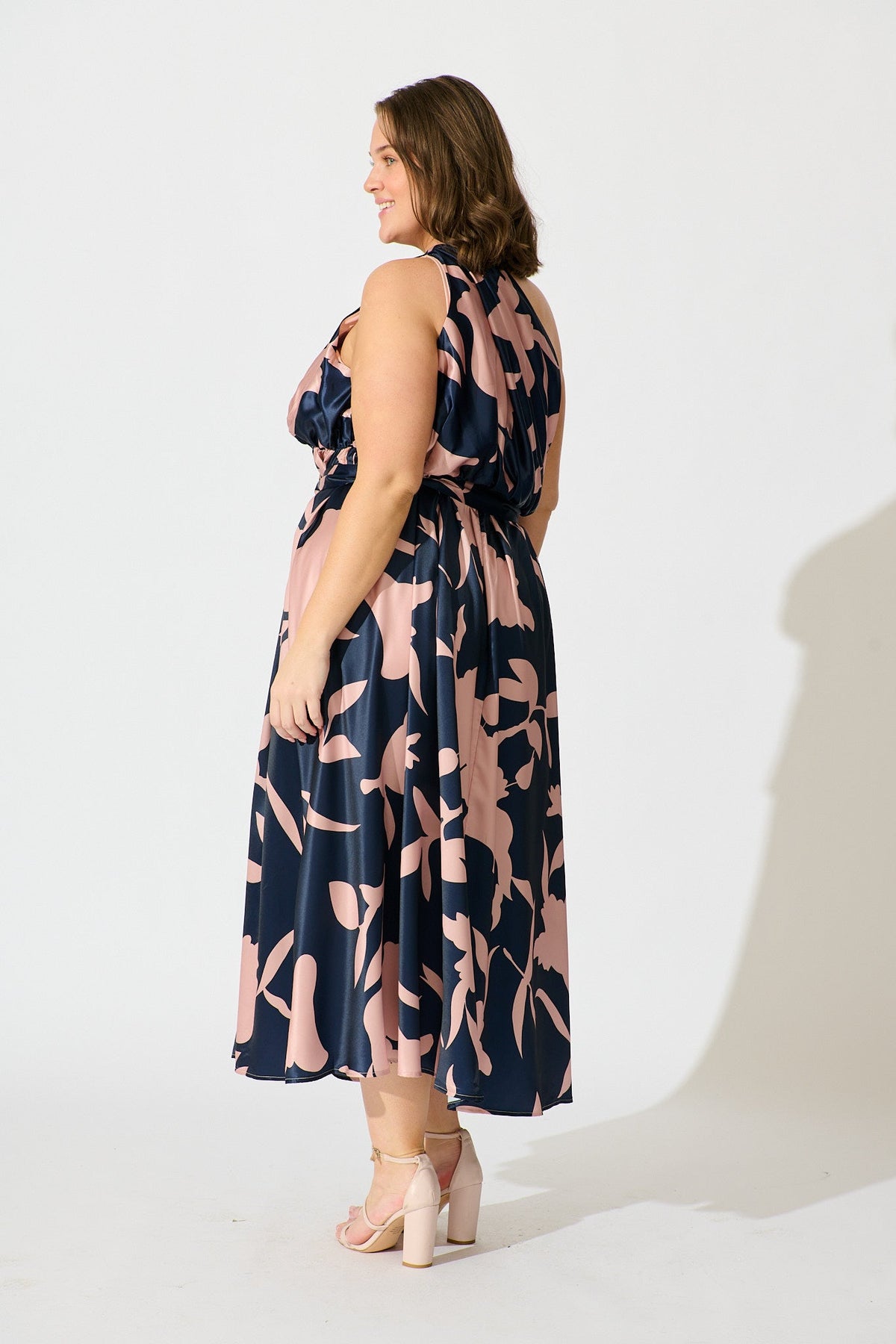 Bernadette One Shoulder Midi Dress in Navy with Mocha Satin