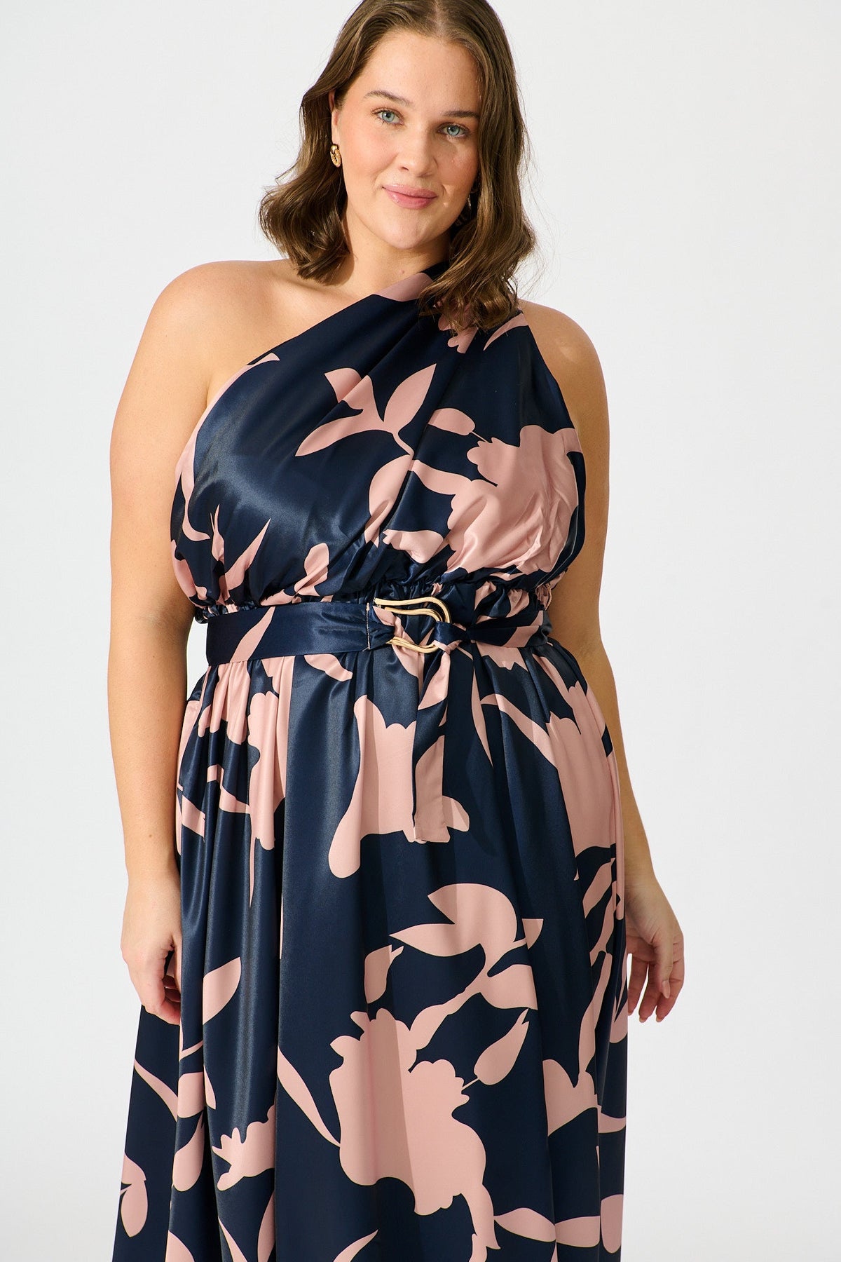 Bernadette One Shoulder Midi Dress in Navy with Mocha Satin