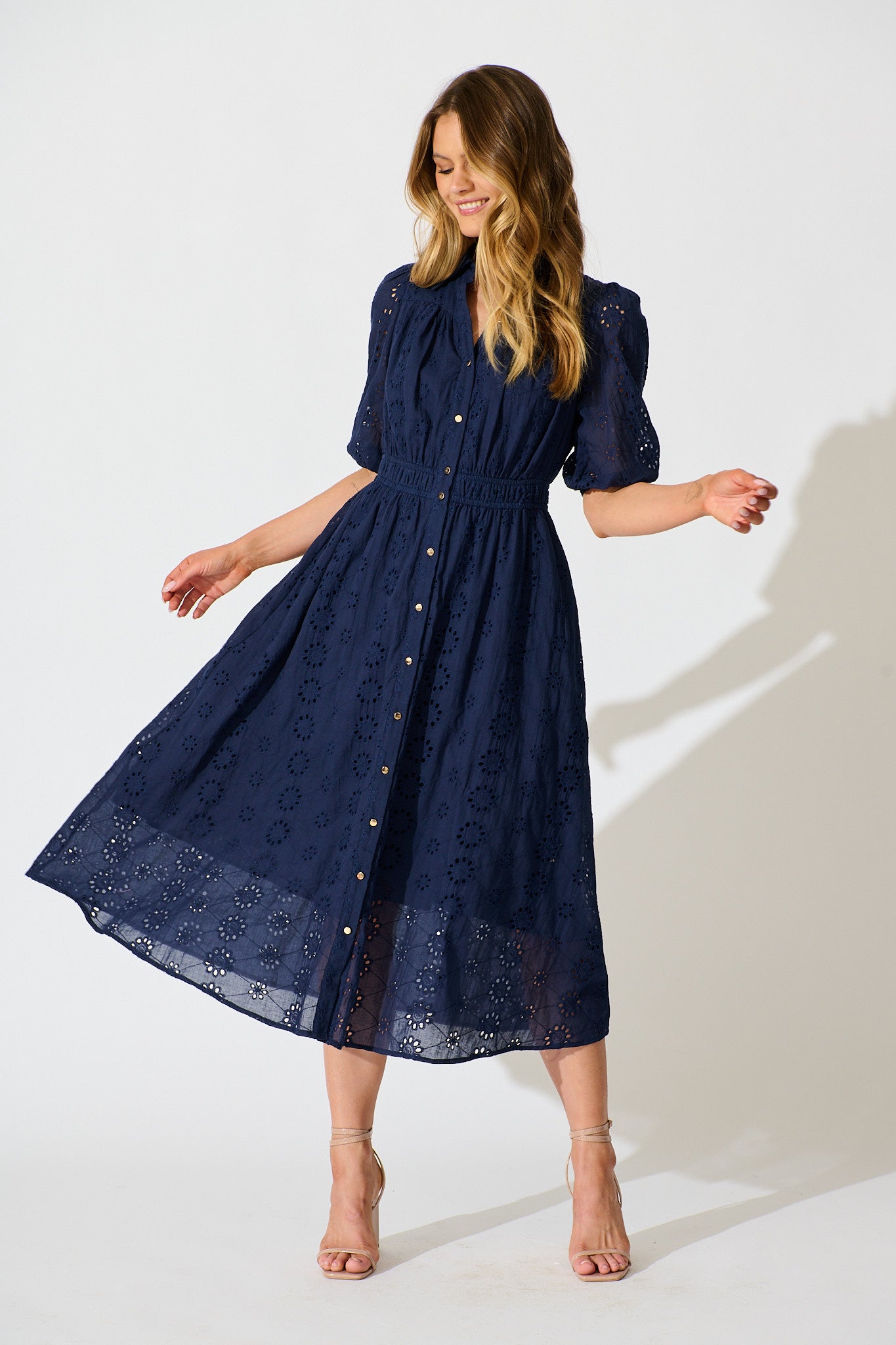 Ayla Midi Shirt Dress In Navy Embroidered Cotton