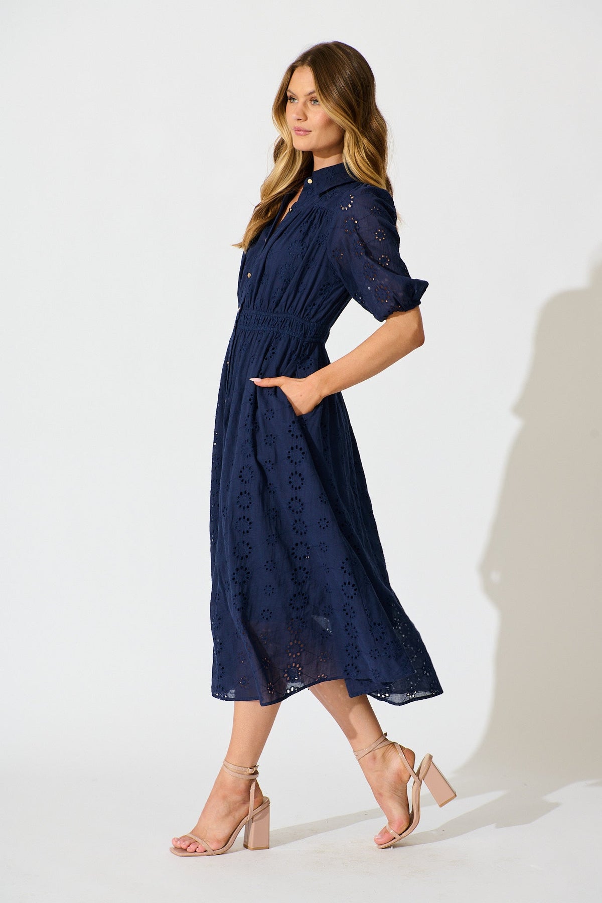 Ayla Midi Shirt Dress In Navy Embroidered Cotton