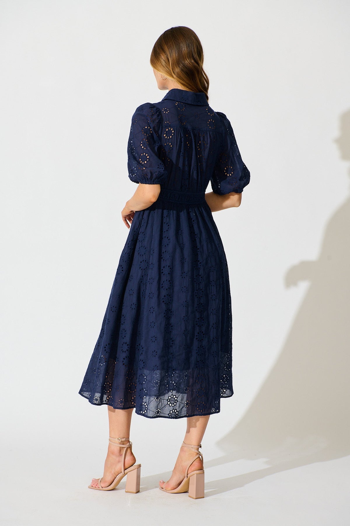 Ayla Midi Shirt Dress In Navy Embroidered Cotton