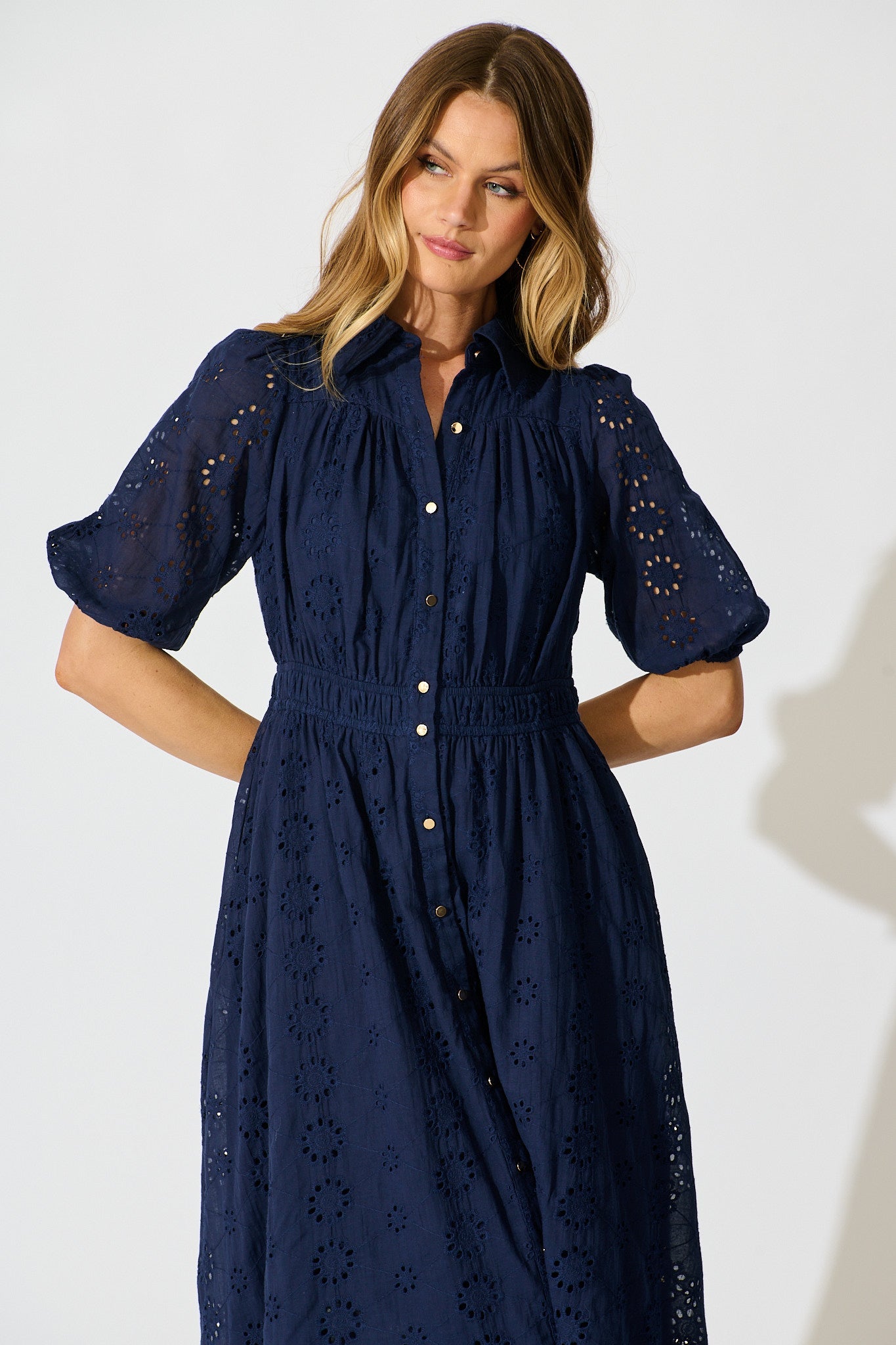 Ayla Midi Shirt Dress In Navy Embroidered Cotton