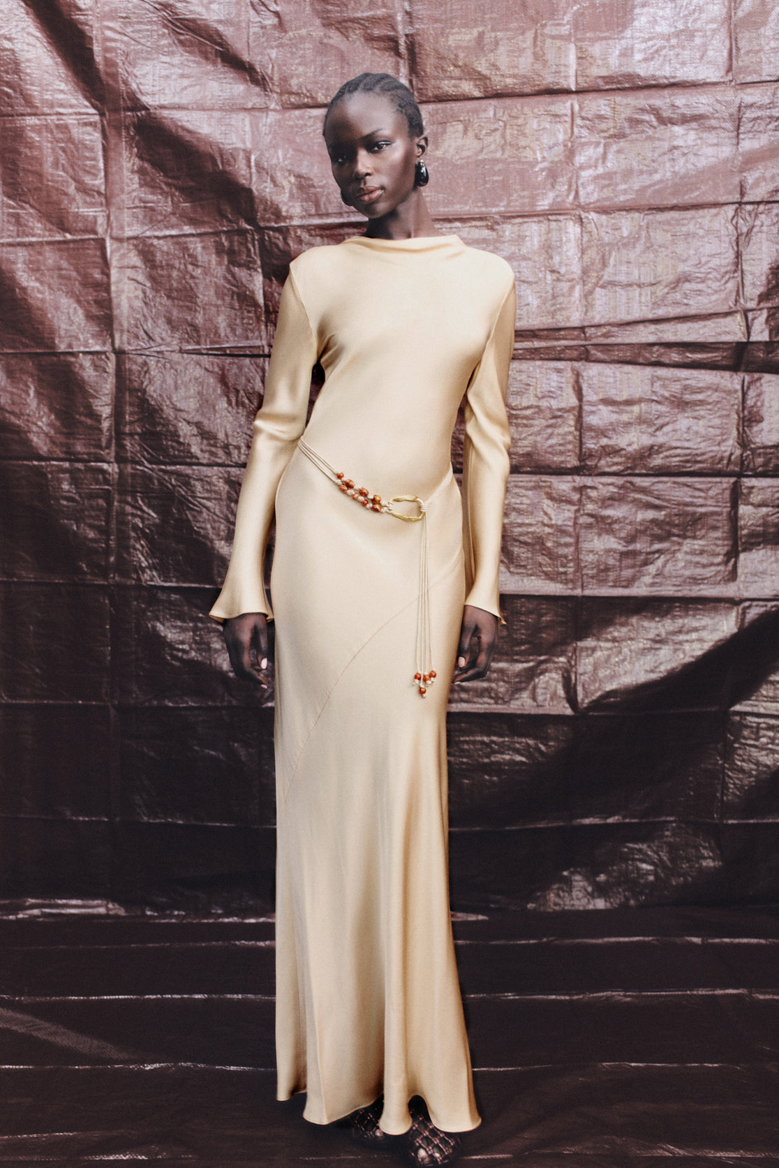 AGNES LONG SLEEVE MAXI DRESS WITH BELT - OAT