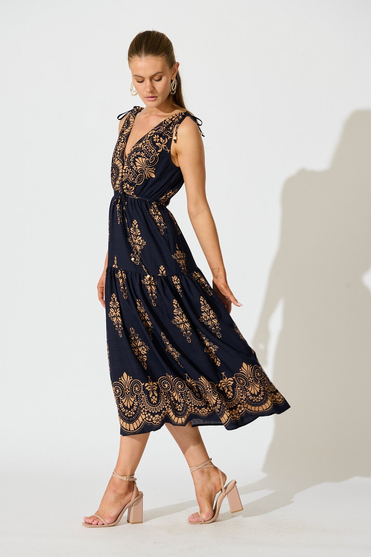 Amabelle Midi Dress in Navy with Tan Boho Linen Blend