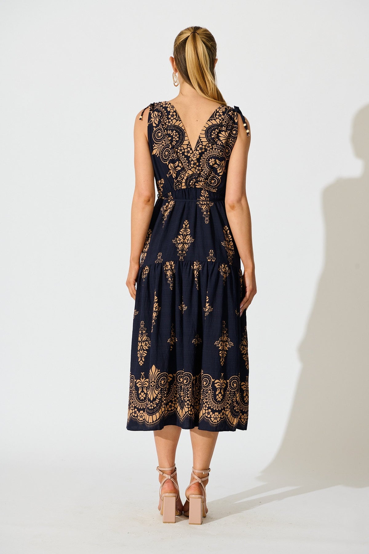 Amabelle Midi Dress in Navy with Tan Boho Linen Blend