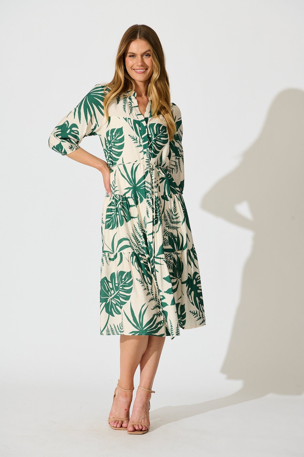 Charmaine Midi Dress in Cream with Green Print