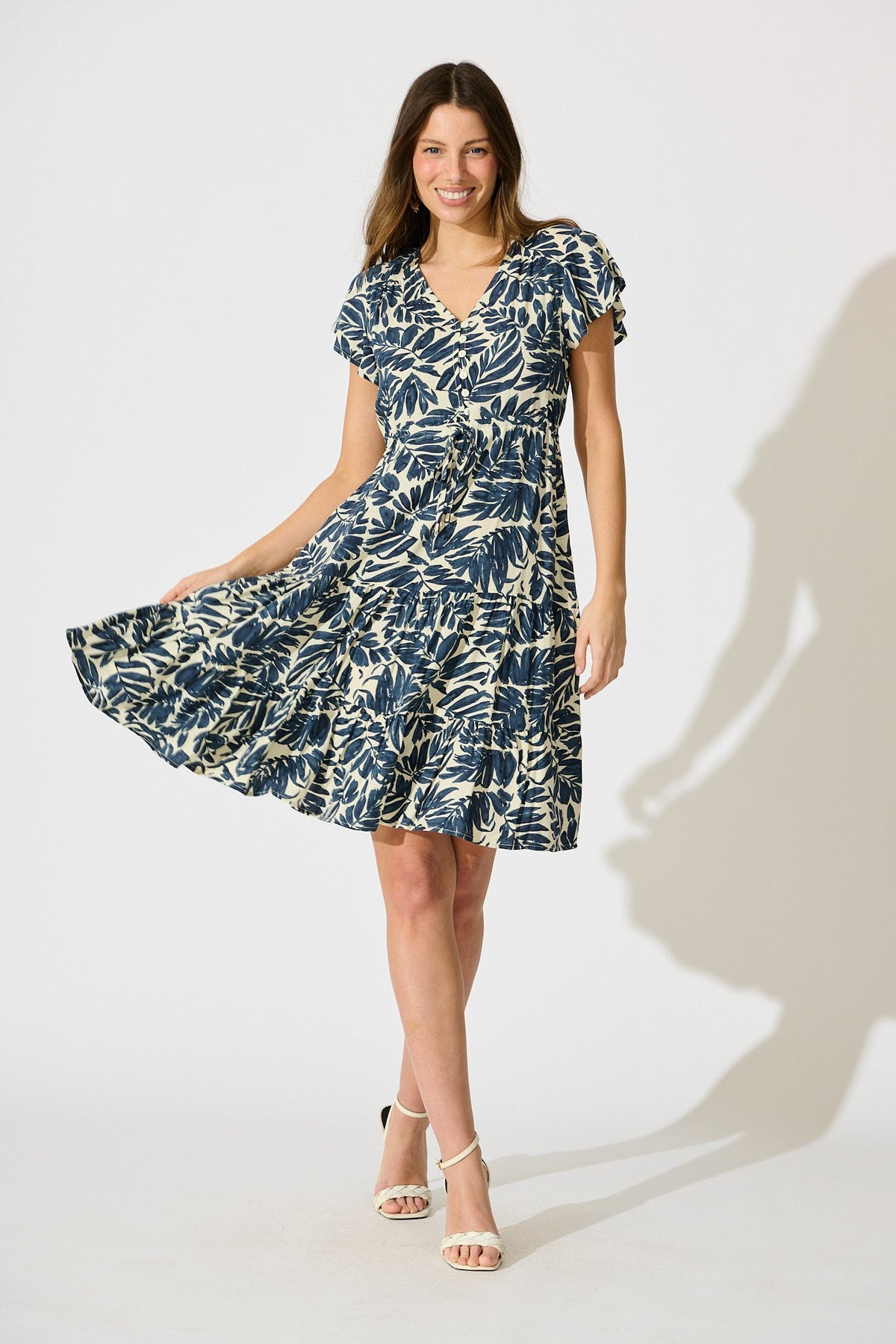 Allyza Dress in Navy and Cream Leaf Print