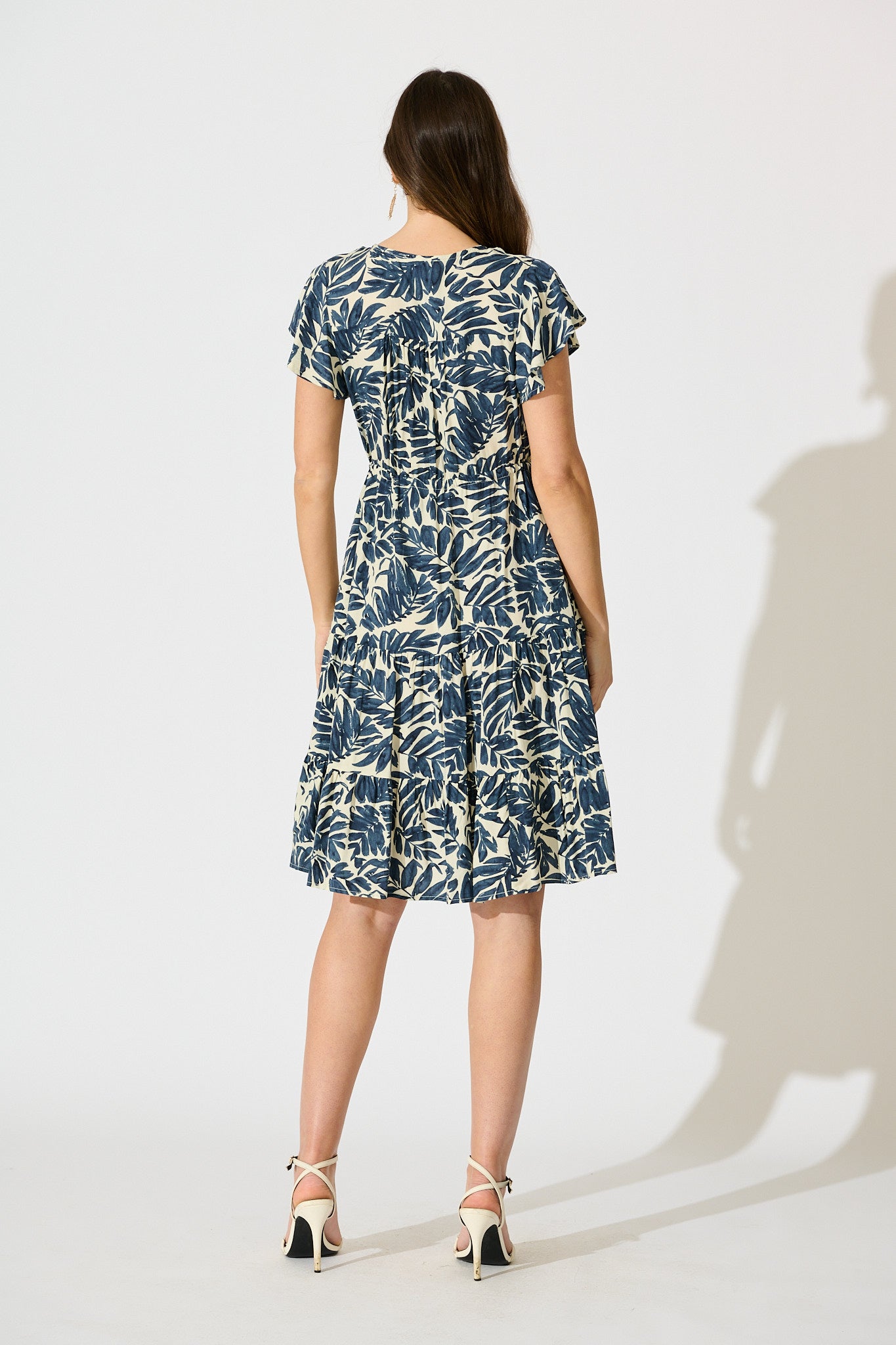 Allyza Dress in Navy and Cream Leaf Print