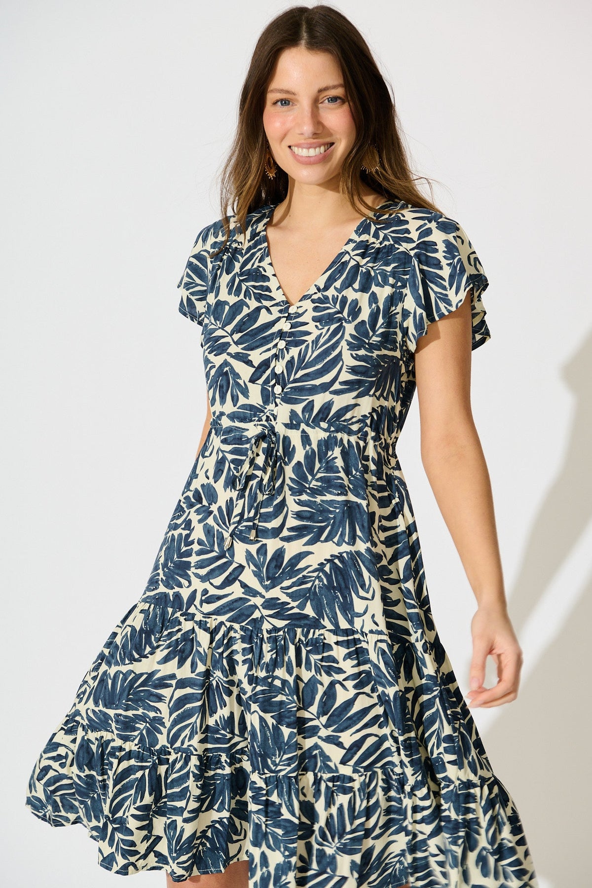 Allyza Dress in Navy and Cream Leaf Print