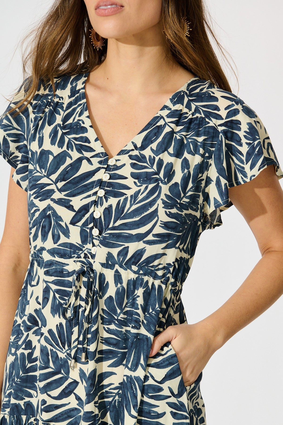 Allyza Dress in Navy and Cream Leaf Print