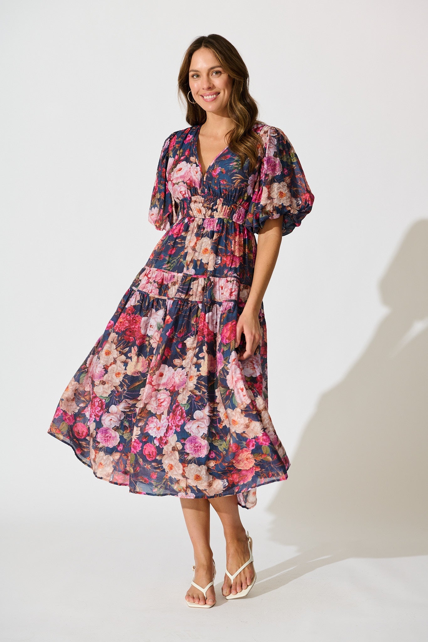 Amalie Midi Dress in Navy with Blush Floral