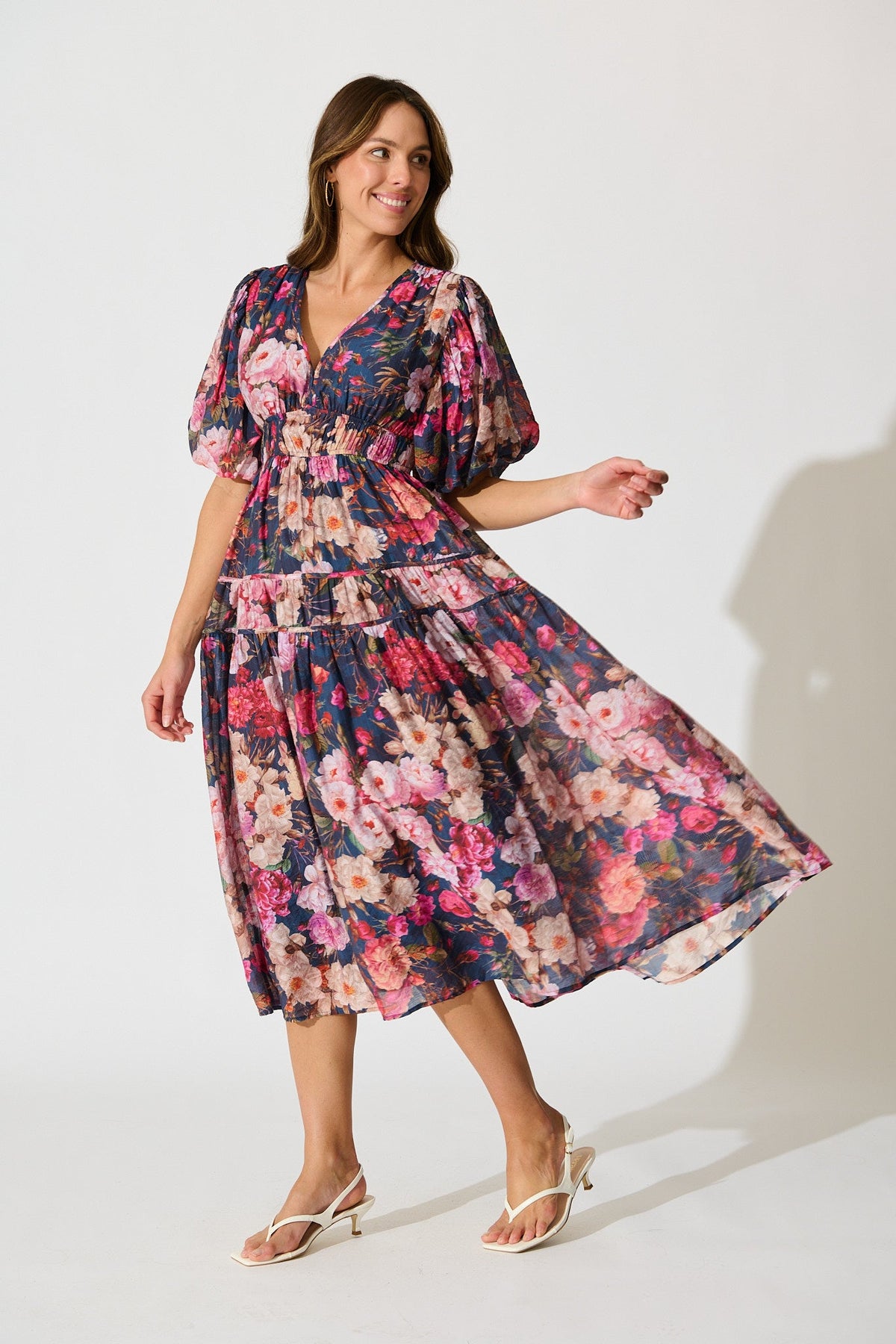 Amalie Midi Dress in Navy with Blush Floral