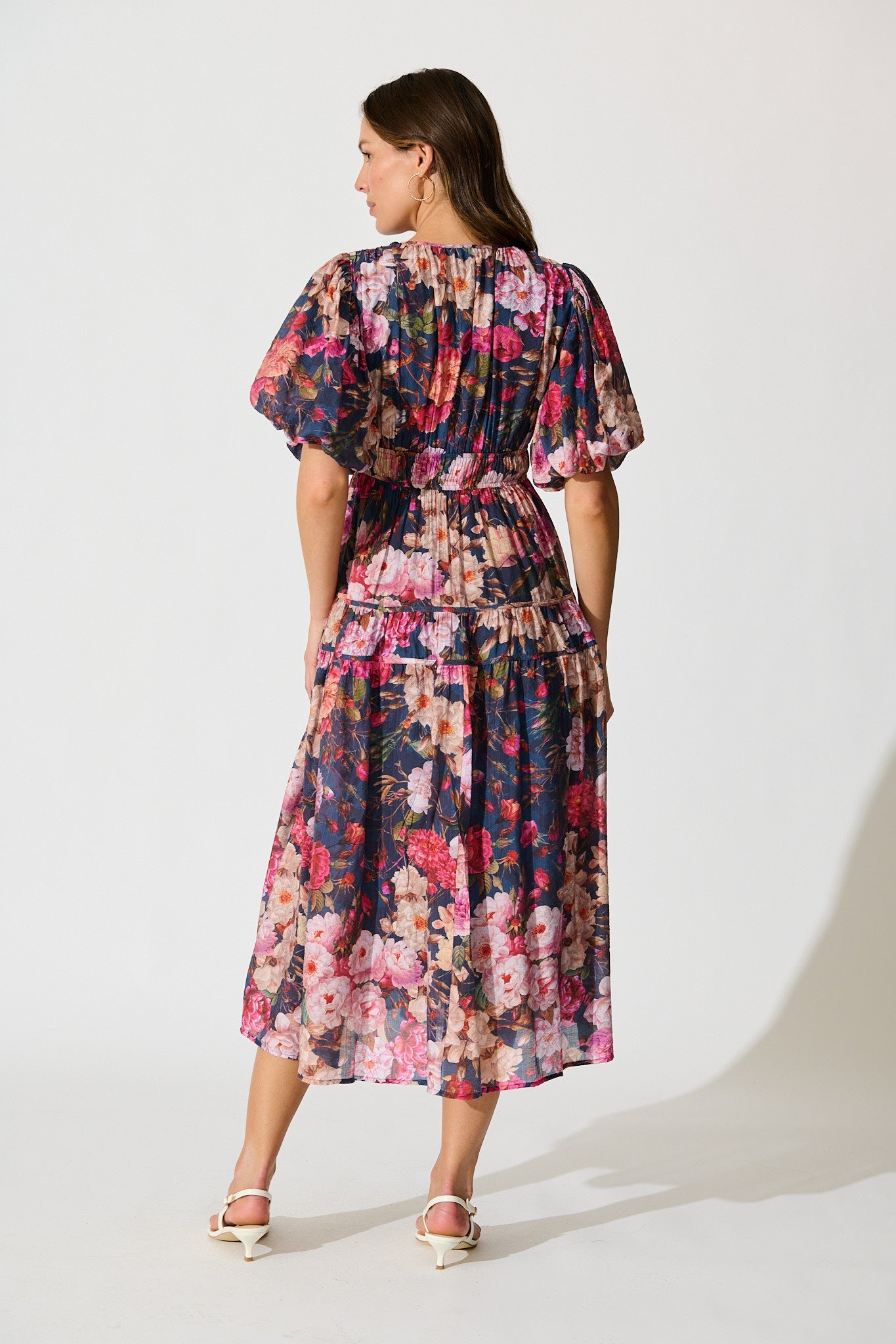 Amalie Midi Dress in Navy with Blush Floral