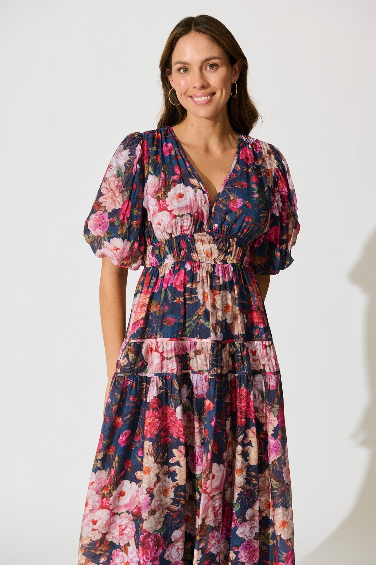 Amalie Midi Dress in Navy with Blush Floral