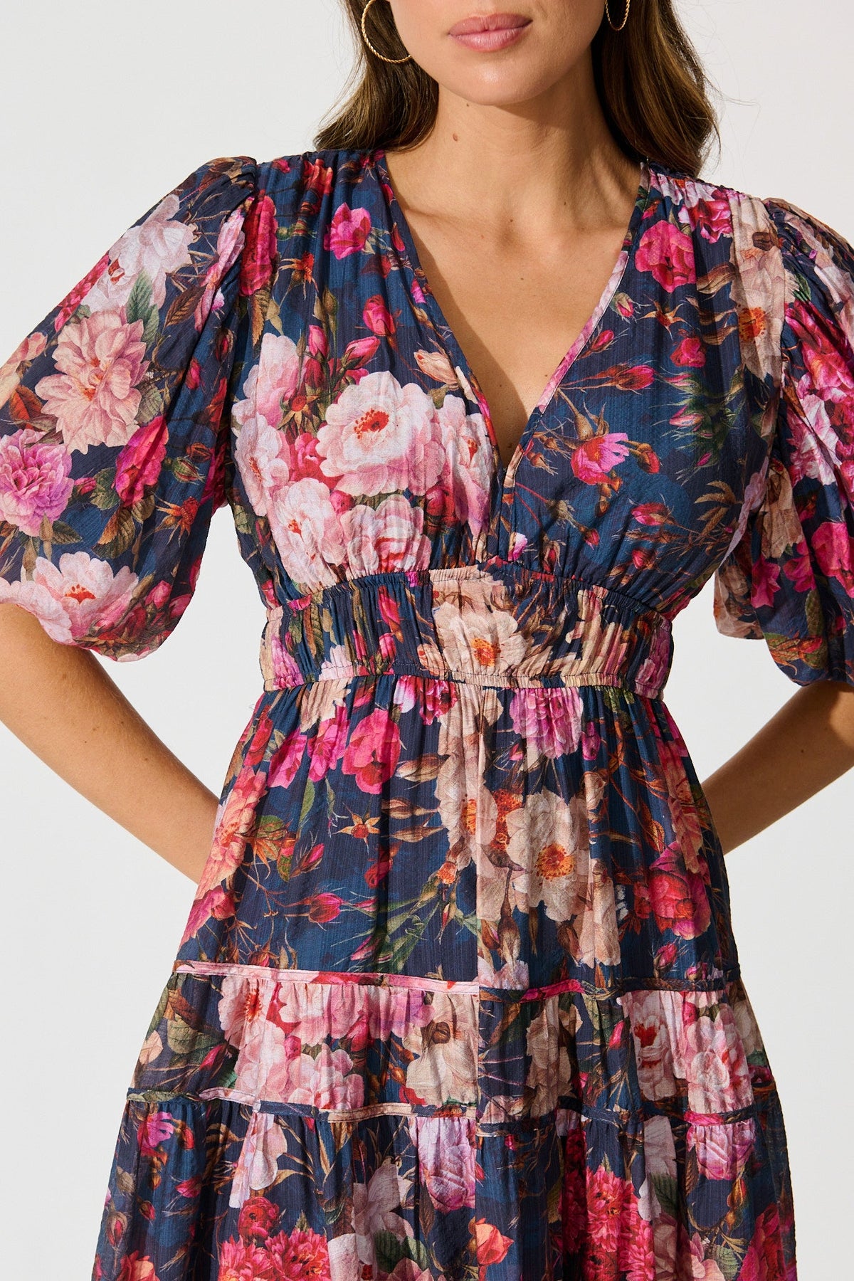 Amalie Midi Dress in Navy with Blush Floral