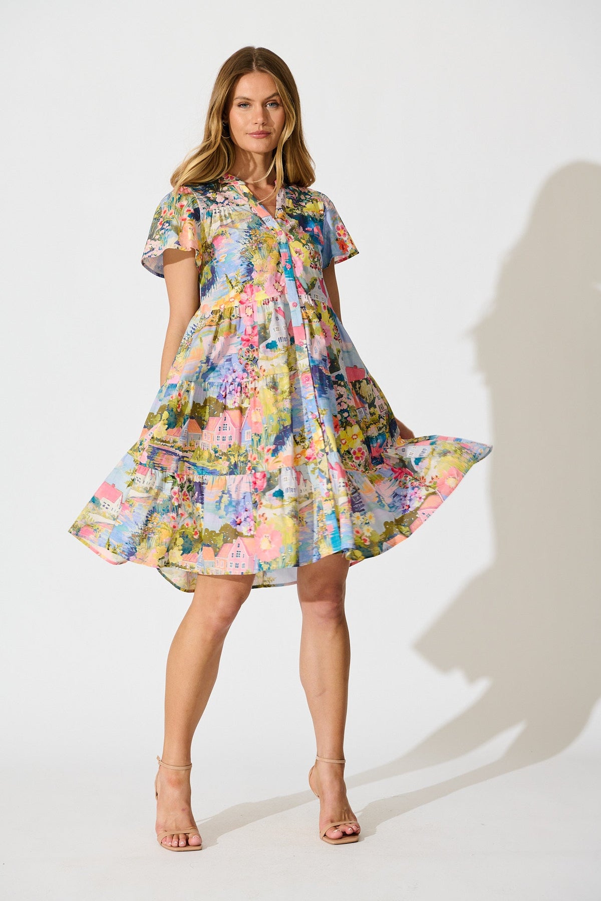 Briene Smock Dress in Multi Landscape Floral Cotton