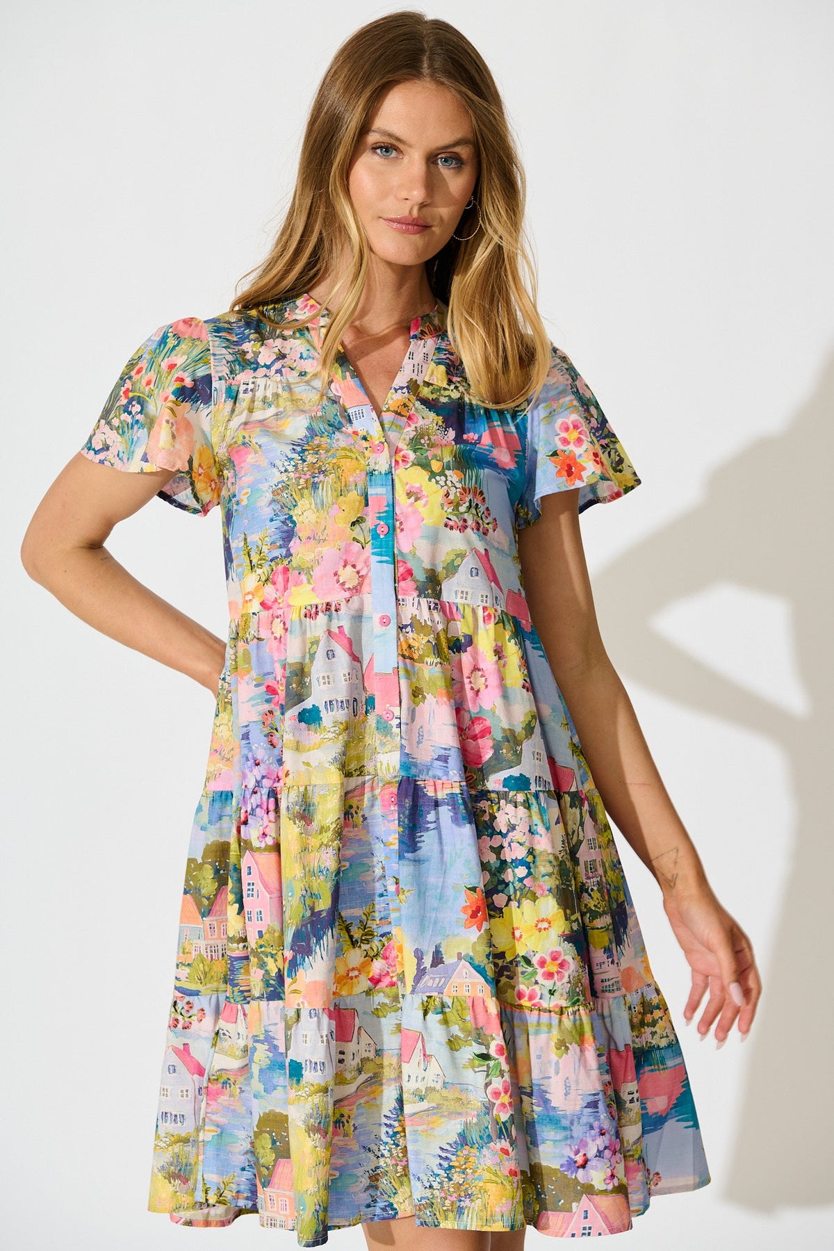 Briene Smock Dress in Multi Landscape Floral Cotton