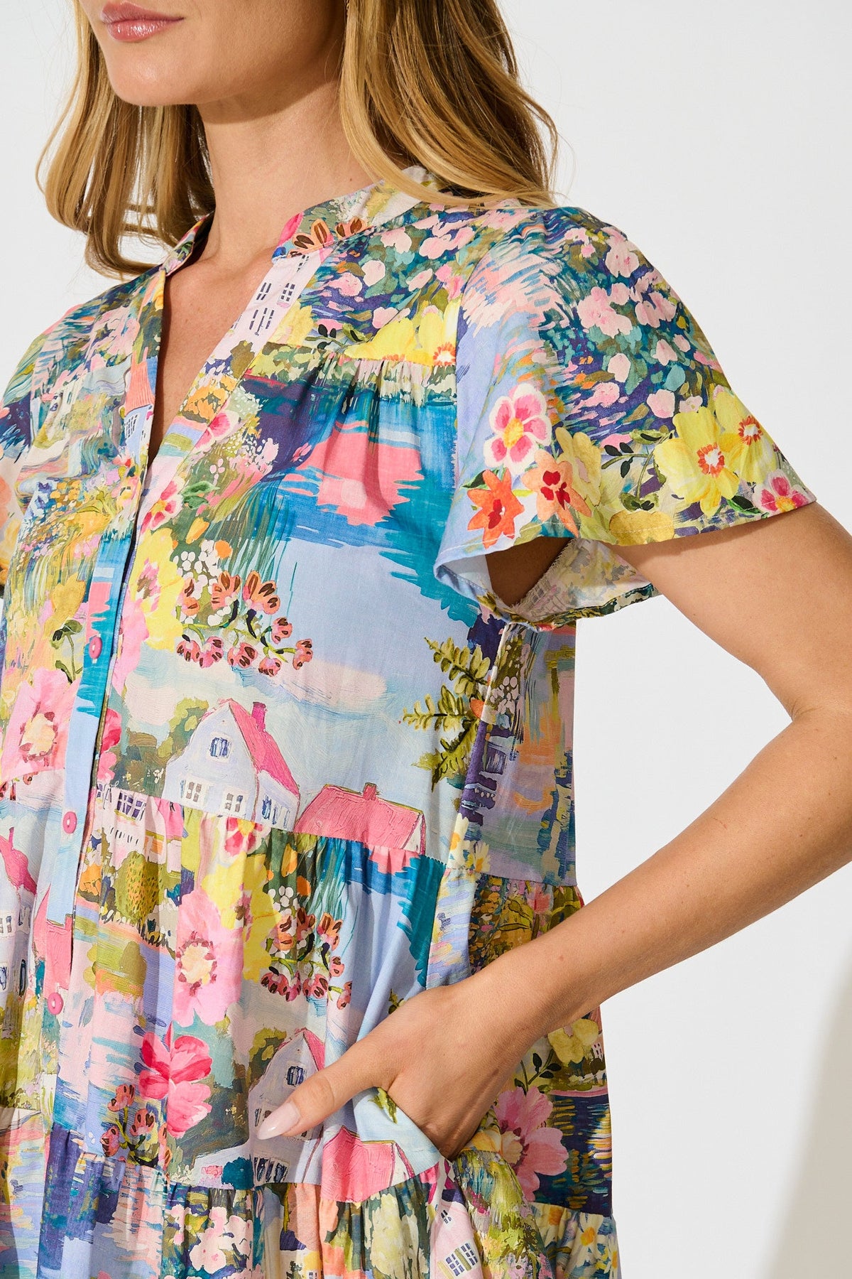 Briene Smock Dress in Multi Landscape Floral Cotton