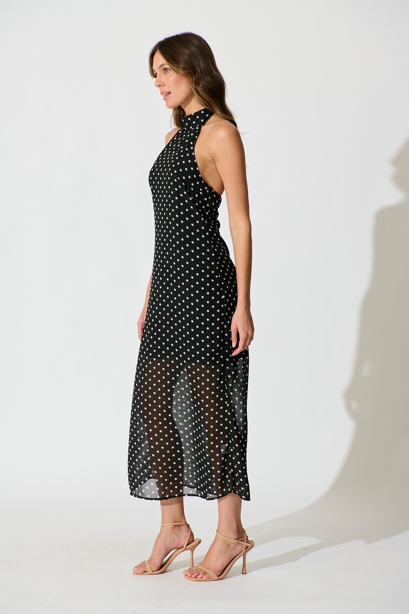 Andora Halterneck Maxi Dress in Black Polka Dot