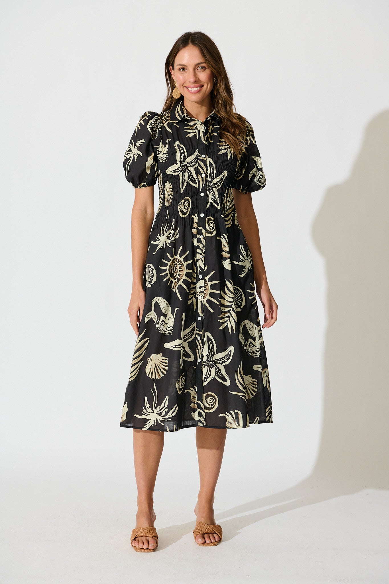 Andra Maxi Shirt Dress in Black and White Sea Shell Cotton