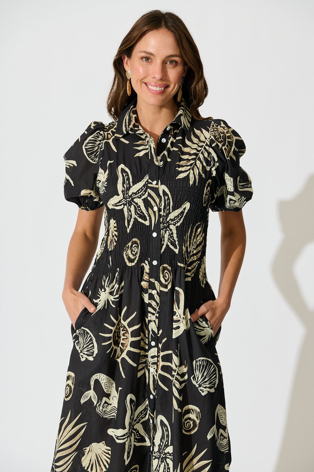 Andra Maxi Shirt Dress in Black and White Sea Shell Cotton