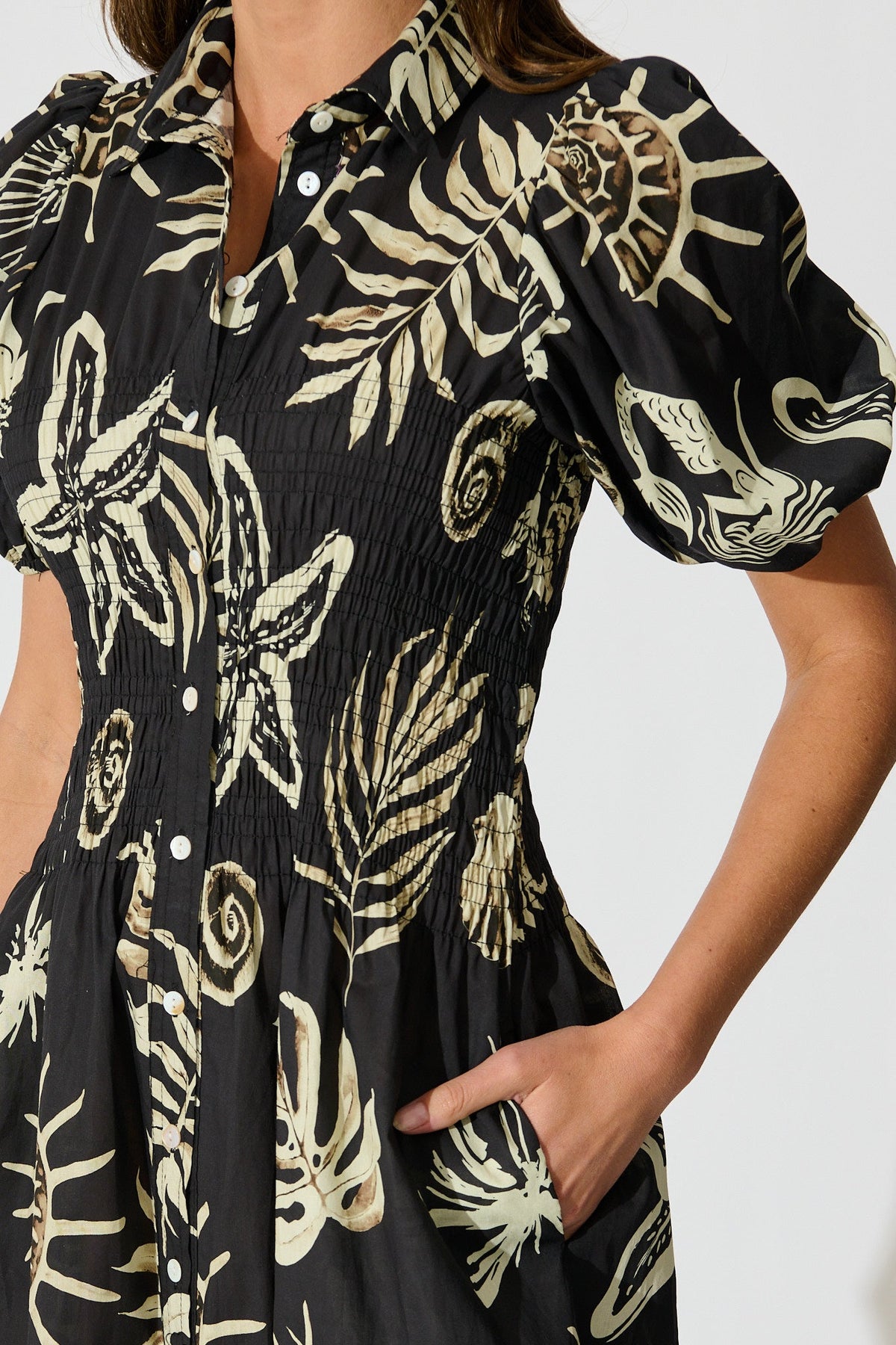 Andra Maxi Shirt Dress in Black and White Sea Shell Cotton